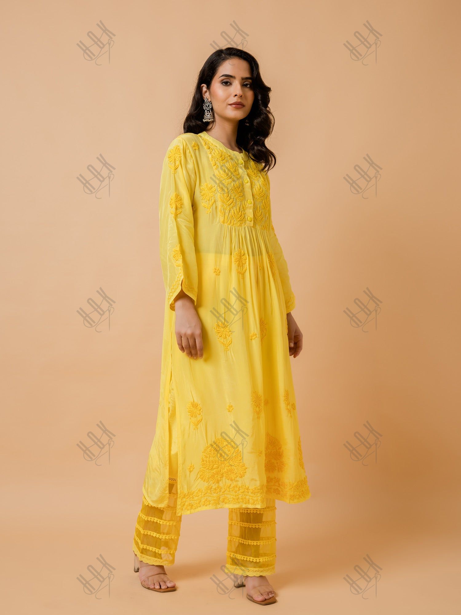 Fizaa Chikankari Crepe Silk Kurta for Women in Yellow Spraed Collar