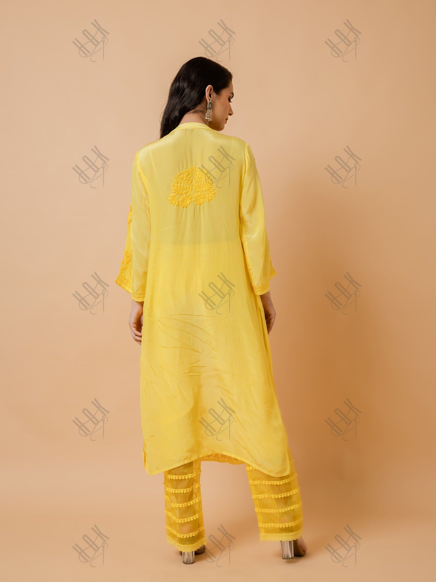 Fizaa Chikankari Crepe Silk Kurta for Women in Yellow Spraed Collar