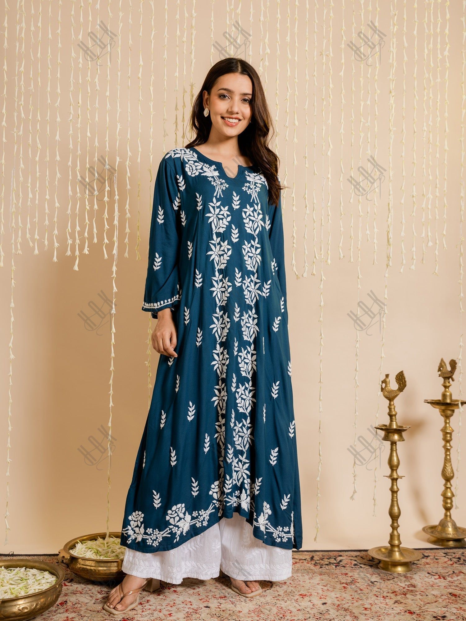 Ananya in Fizaa Rayon Cotton Chikankari Kurta - Blue