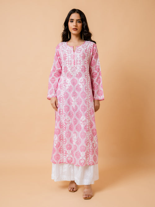 Fizaa Chikankari Kurta in Mul cotton in Pink Print