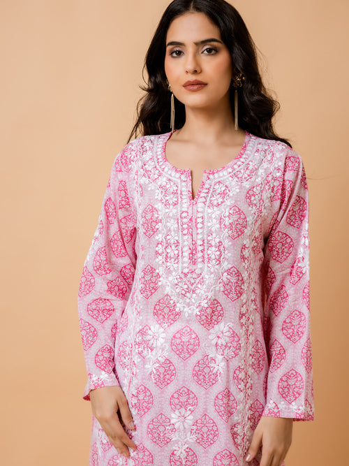 Fizaa Chikankari Kurta in Mul cotton in Pink Print