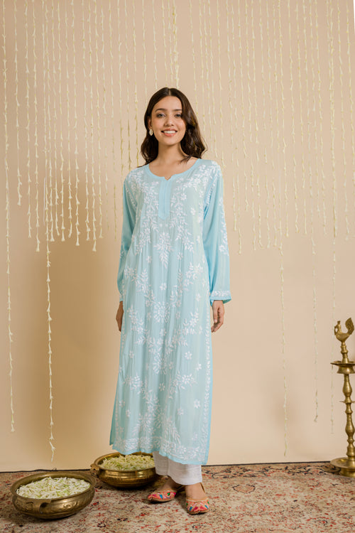 Samma Chikankari Long Kurti In Modal Cotton  for Women- Blue