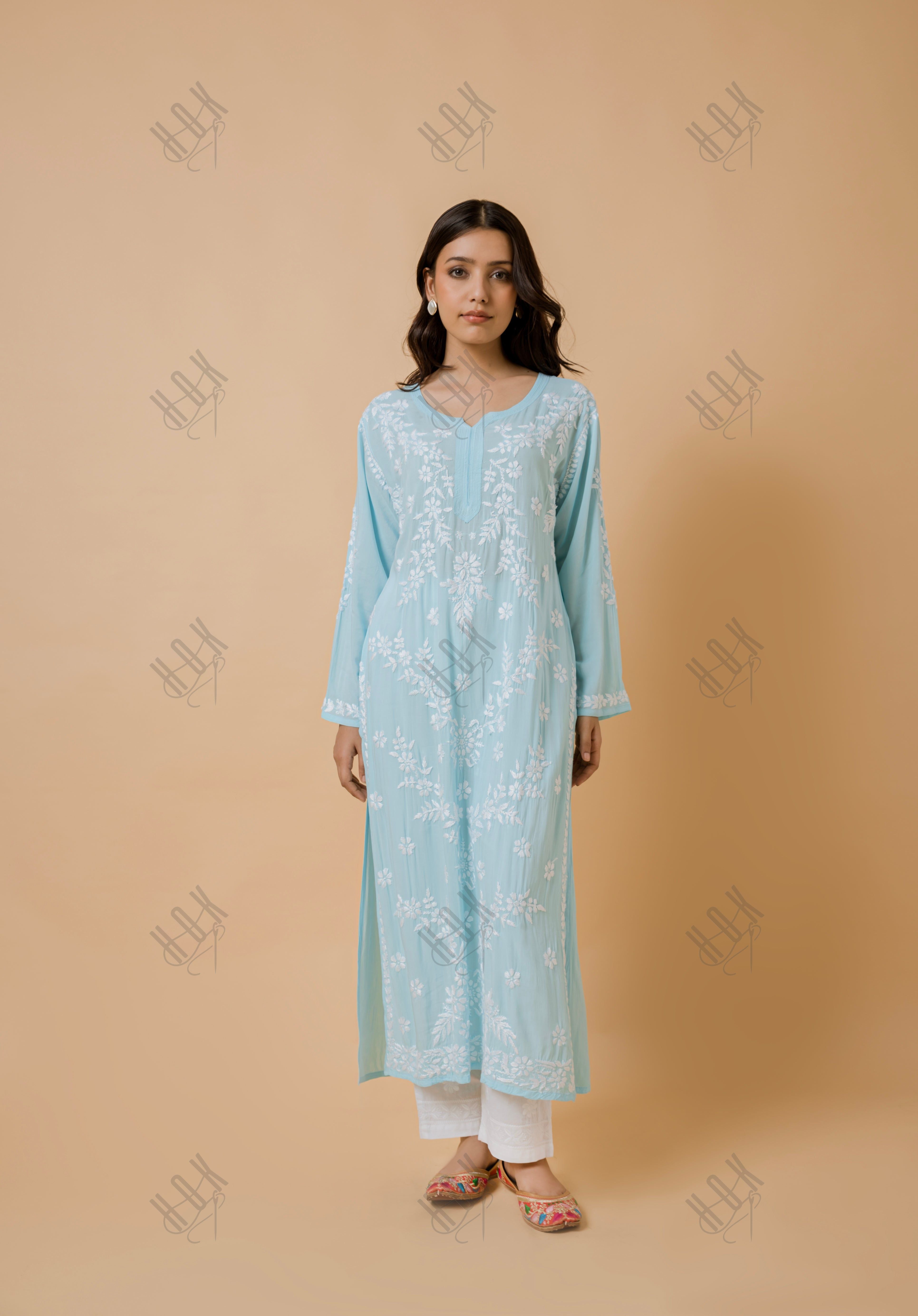 Samma Chikankari Long Kurti In Modal Cotton  for Women- Blue