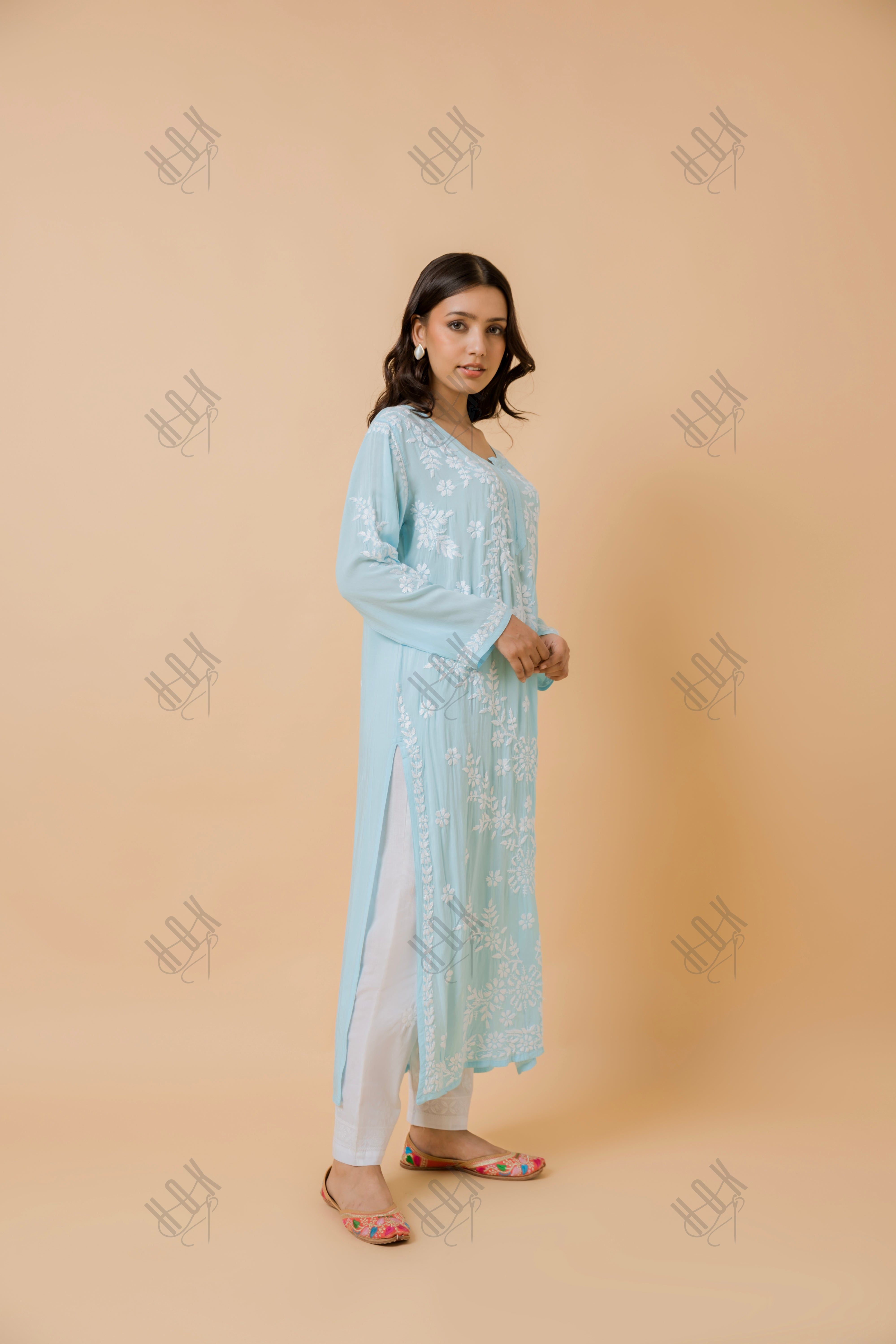 Samma Chikankari Long Kurti In Modal Cotton  for Women- Blue