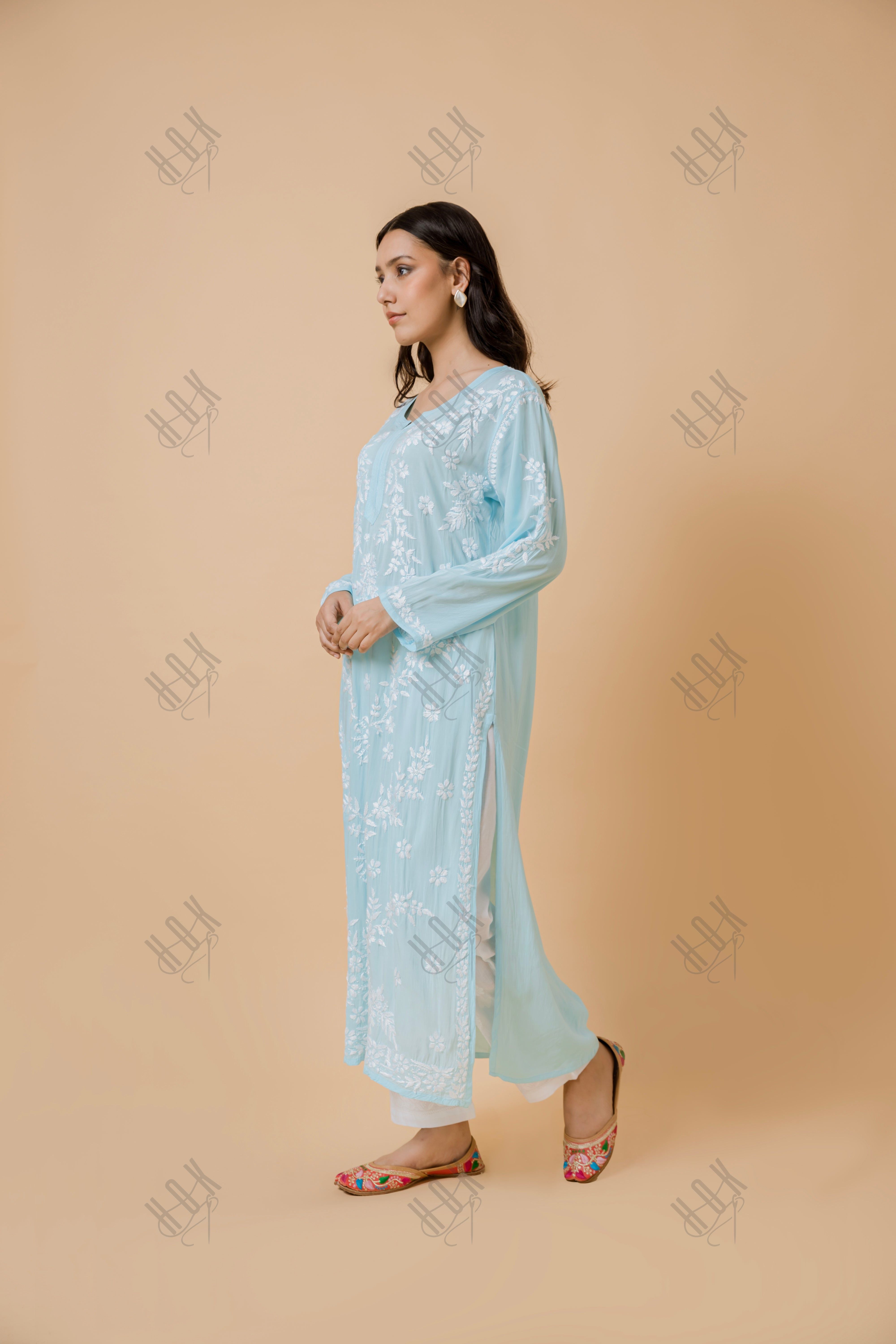 Samma Chikankari Long Kurti In Modal Cotton  for Women- Blue