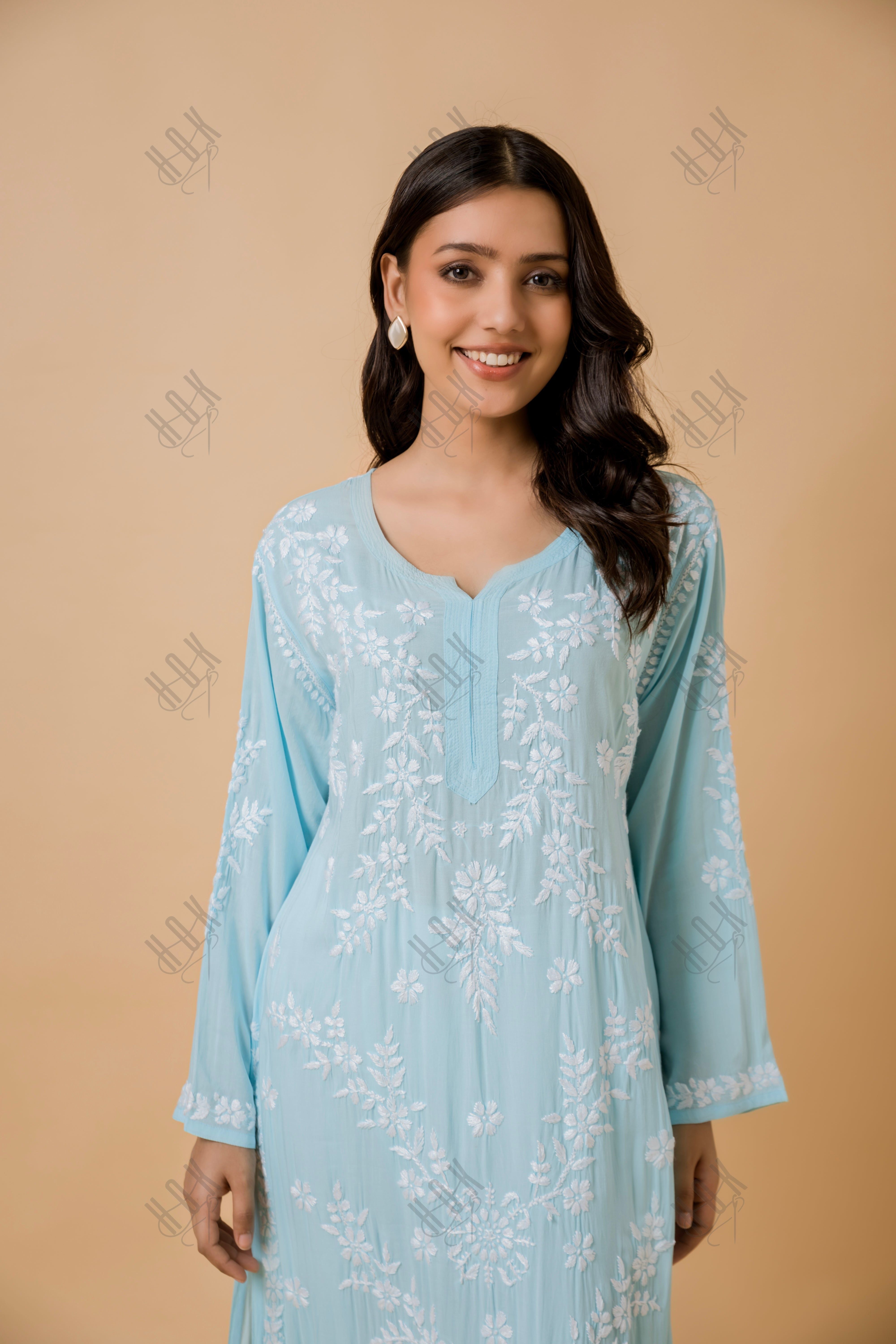 Samma Chikankari Long Kurti In Modal Cotton  for Women- Blue