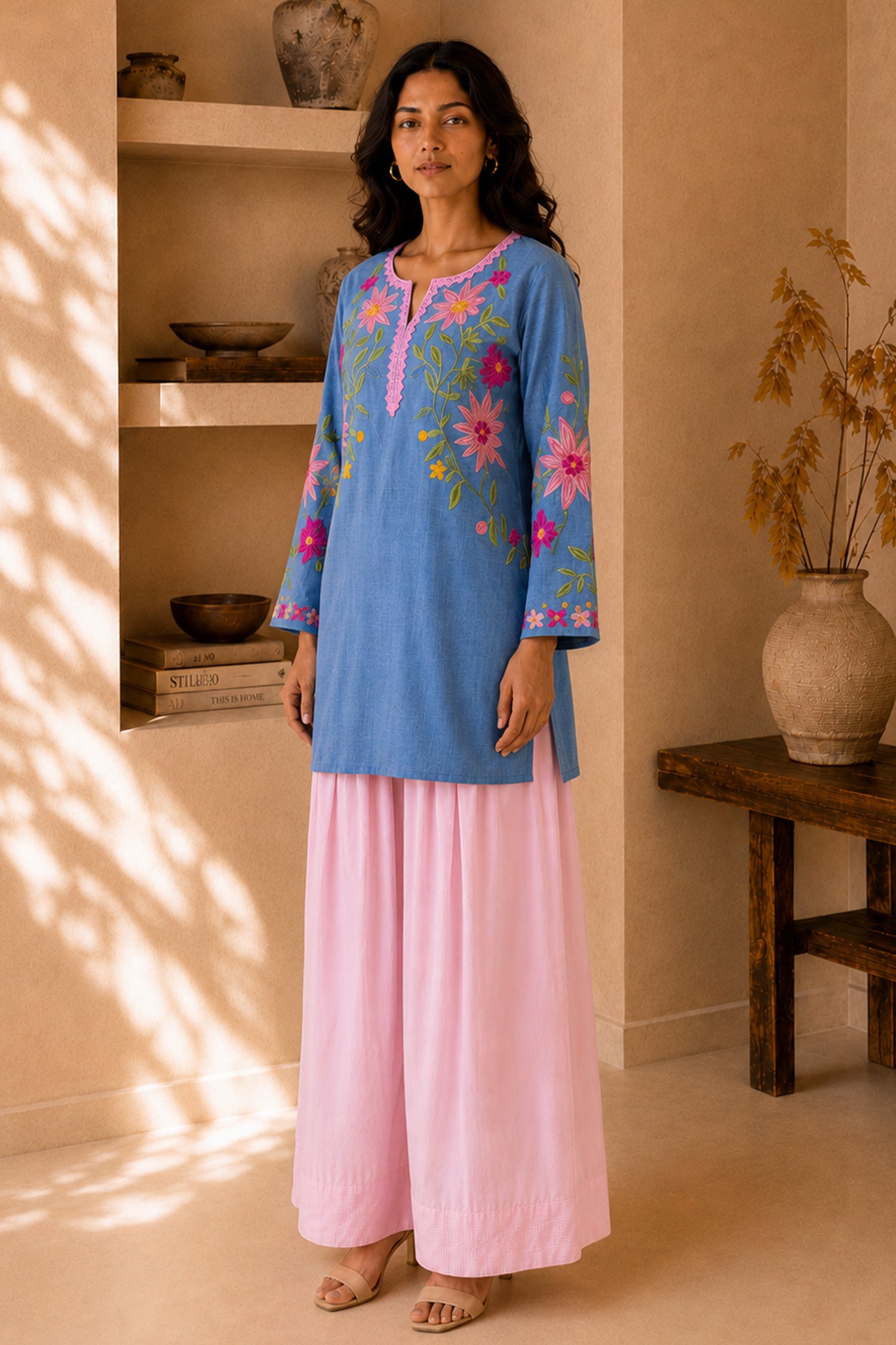 Kashmiri Aari Denim Short Kurta Notch Neck - Blue