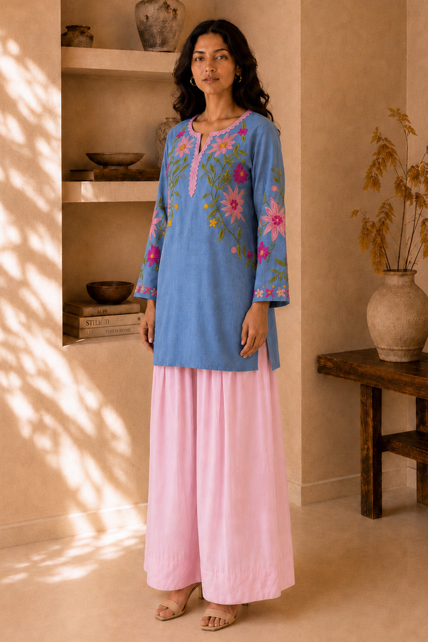 Kashmiri Aari Denim Short Kurta Notch Neck - Blue