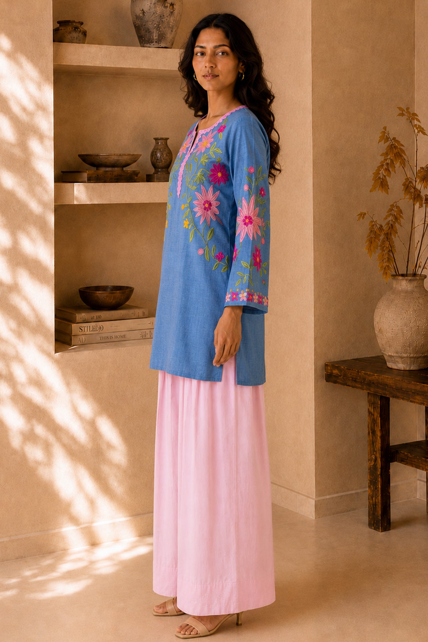 Kashmiri Aari Denim Short Kurta Notch Neck - Blue