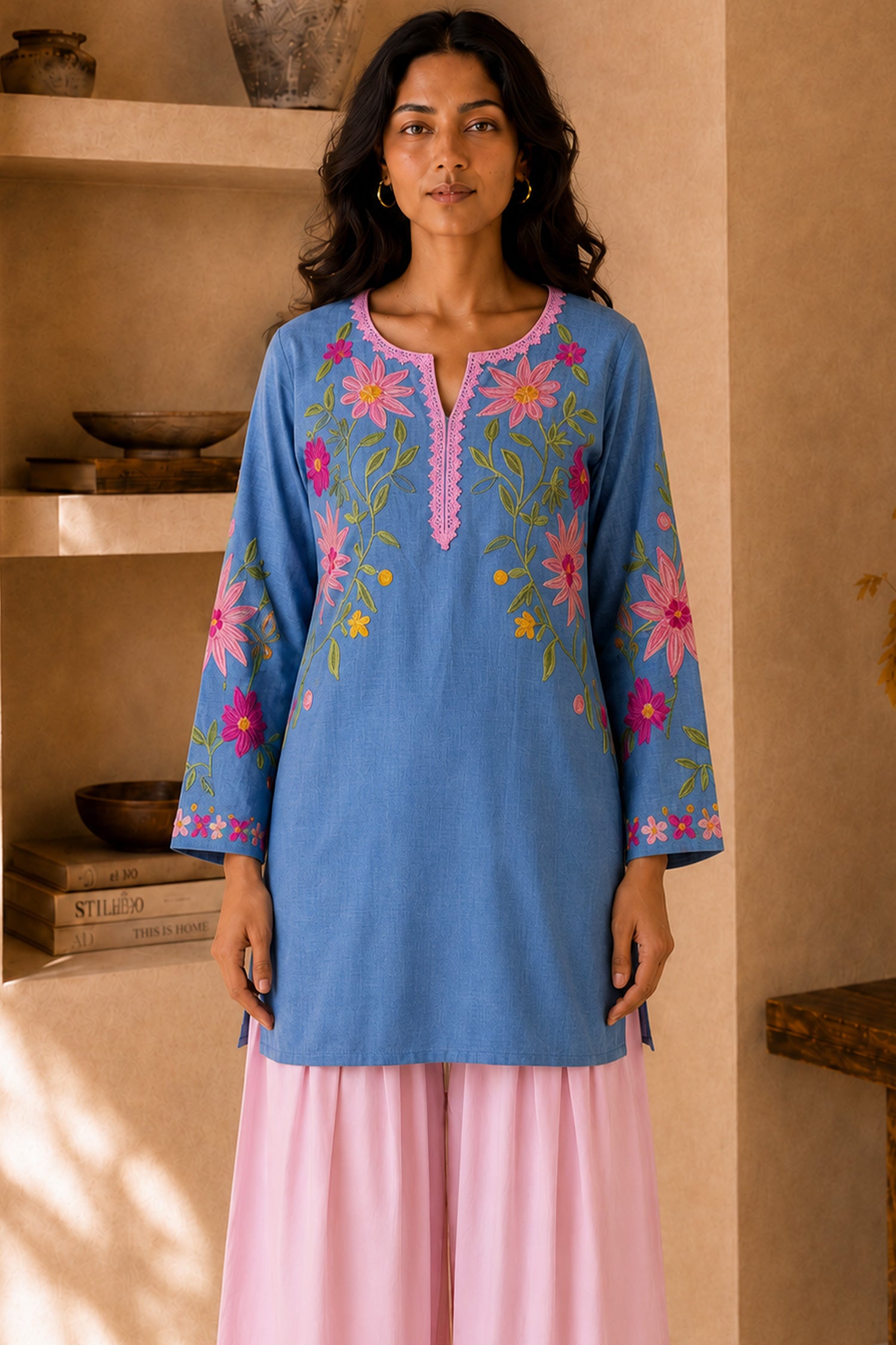 Kashmiri Aari Denim Short Kurta Notch Neck - Blue