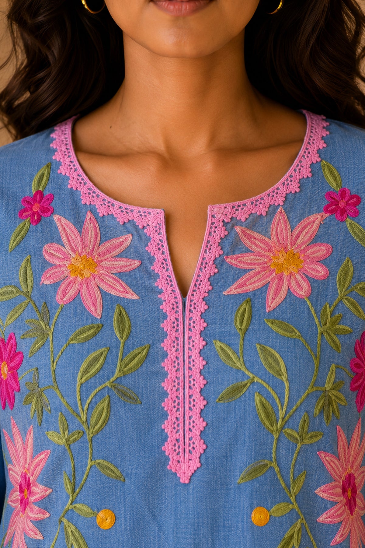 Kashmiri Aari Denim Short Kurta Notch Neck - Blue