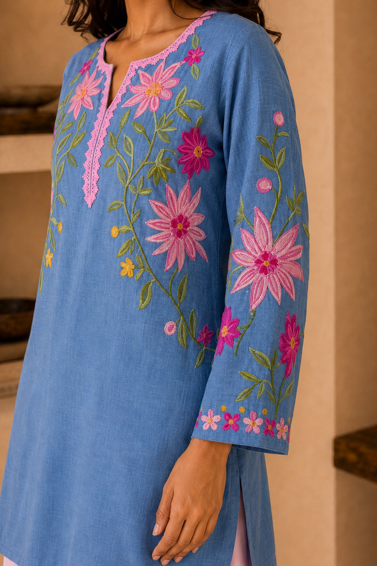 Kashmiri Aari Denim Short Kurta Notch Neck - Blue