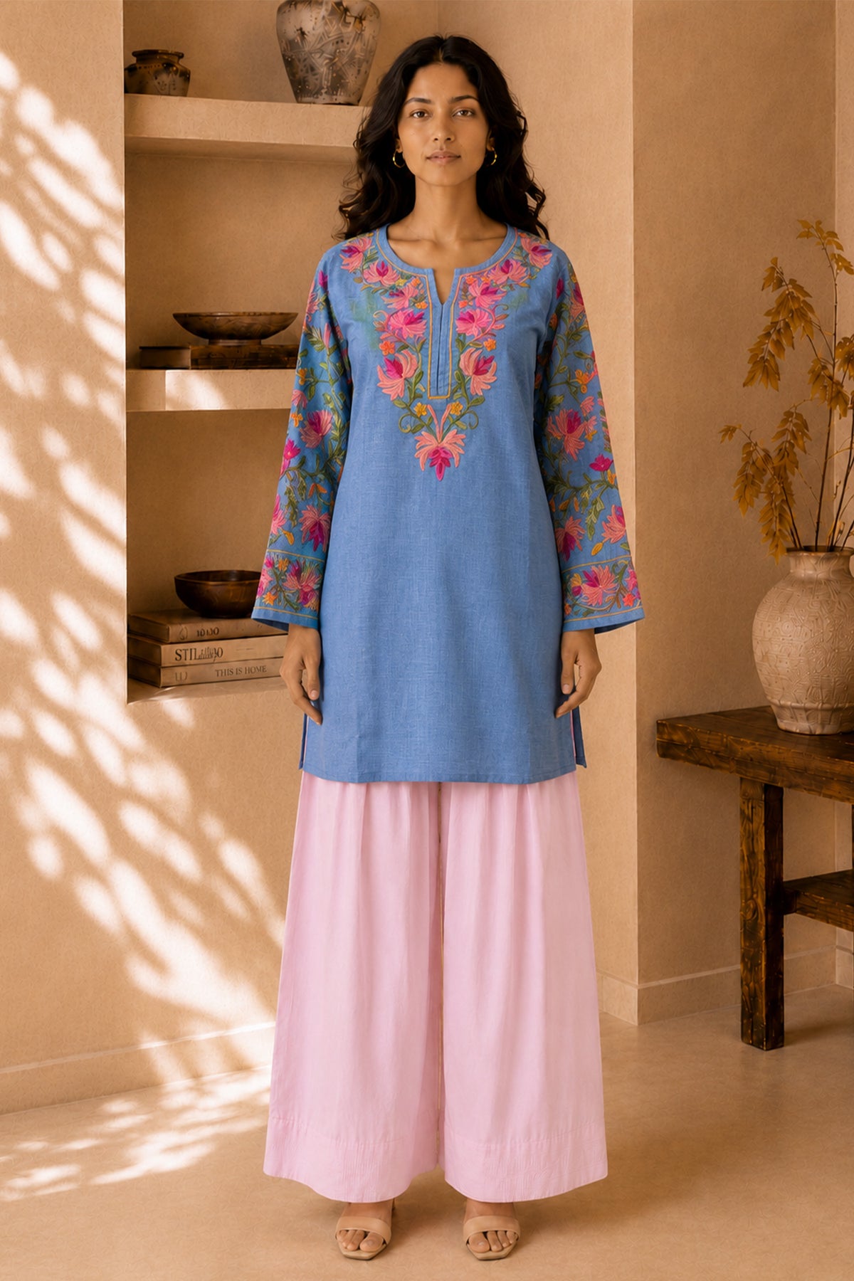 Kashmiri Aari Work Denim Short Kurta Notch Neck - Blue