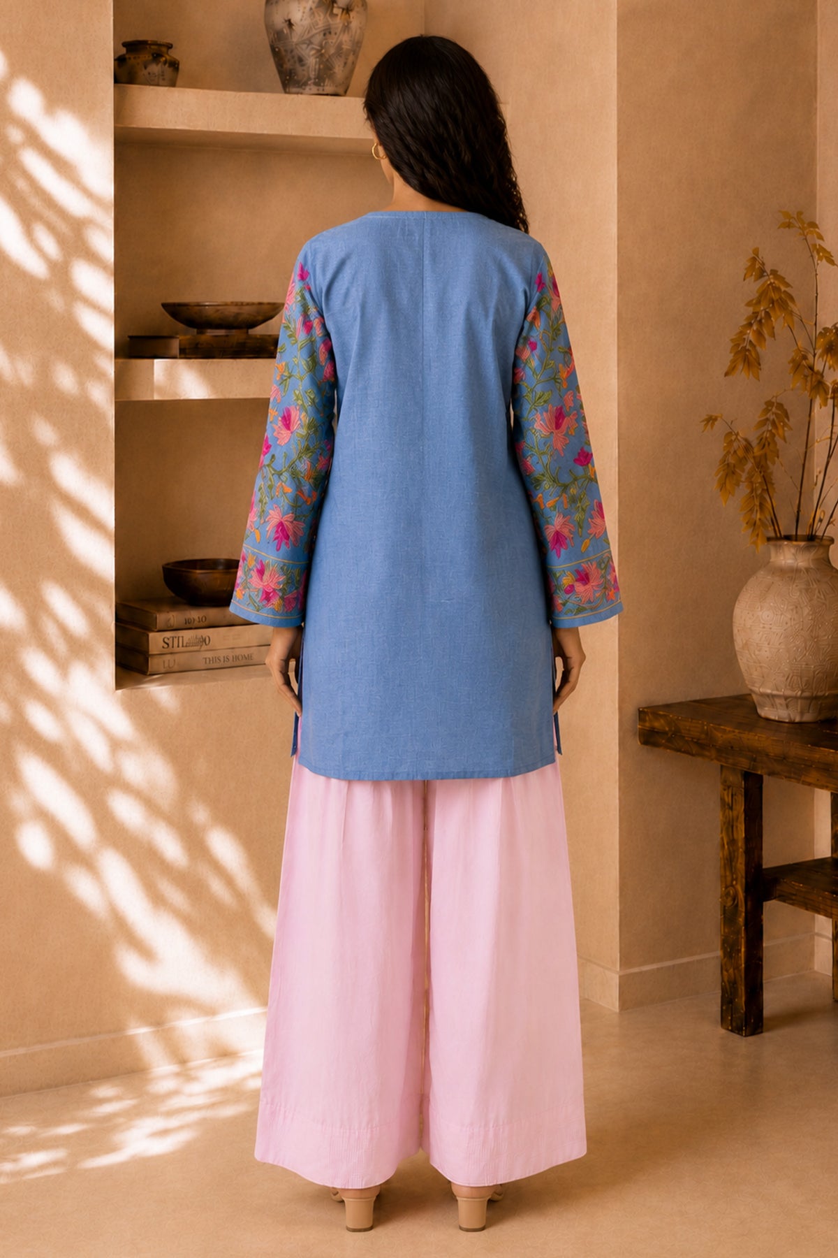 Kashmiri Aari Work Denim Short Kurta Notch Neck - Blue