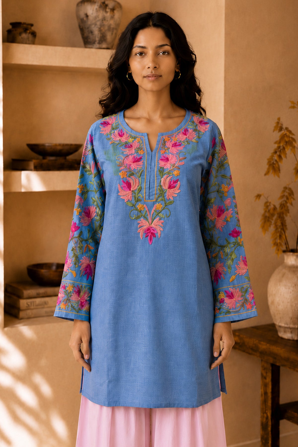 Kashmiri Aari Work Denim Short Kurta Notch Neck - Blue