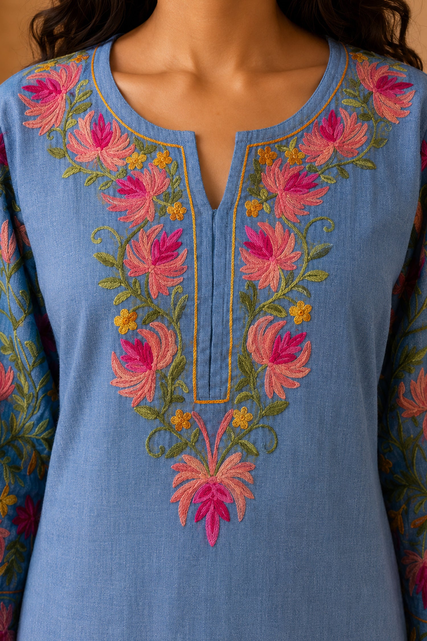 Kashmiri Aari Work Denim Short Kurta Notch Neck - Blue