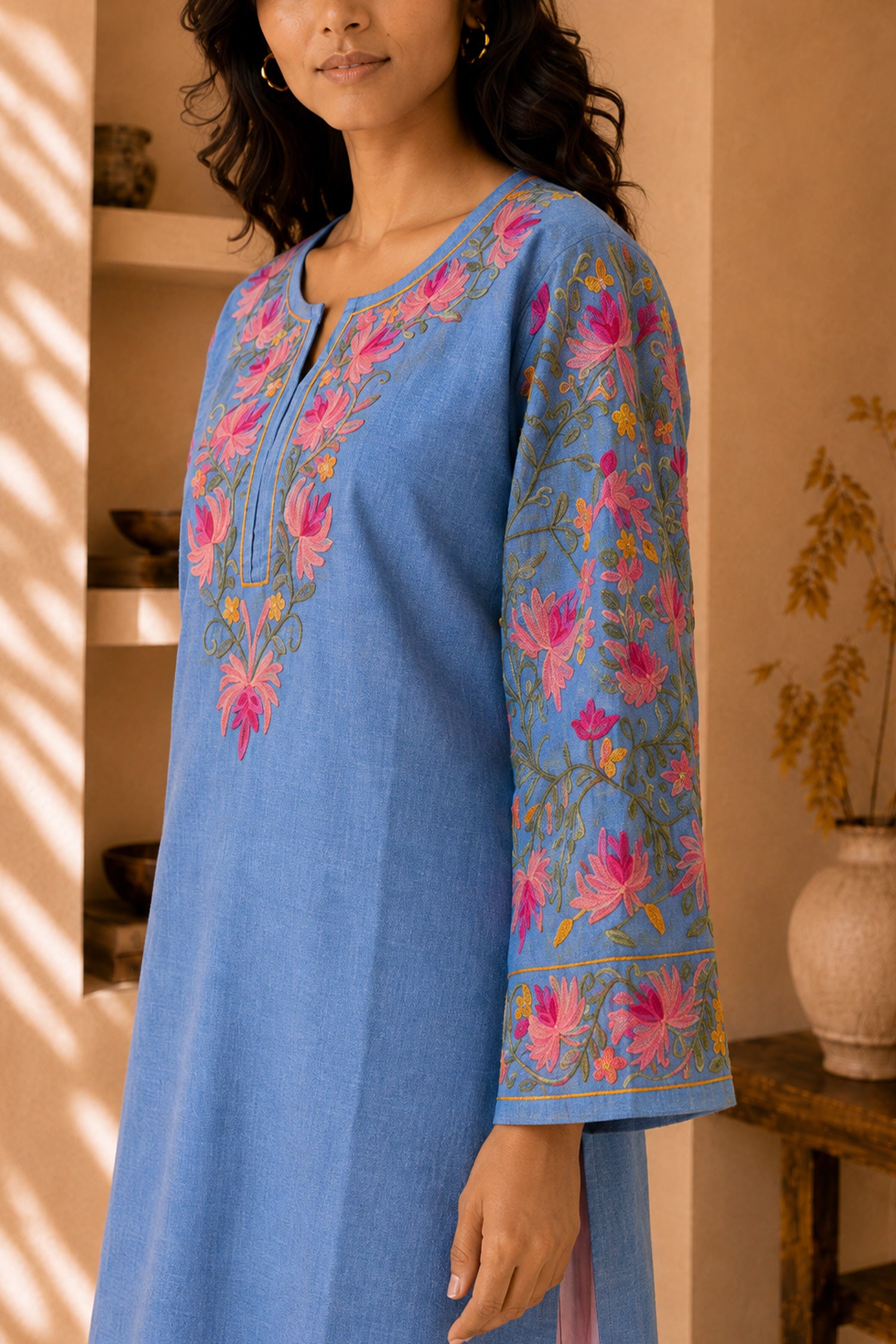 Kashmiri Aari Work Denim Short Kurta Notch Neck - Blue