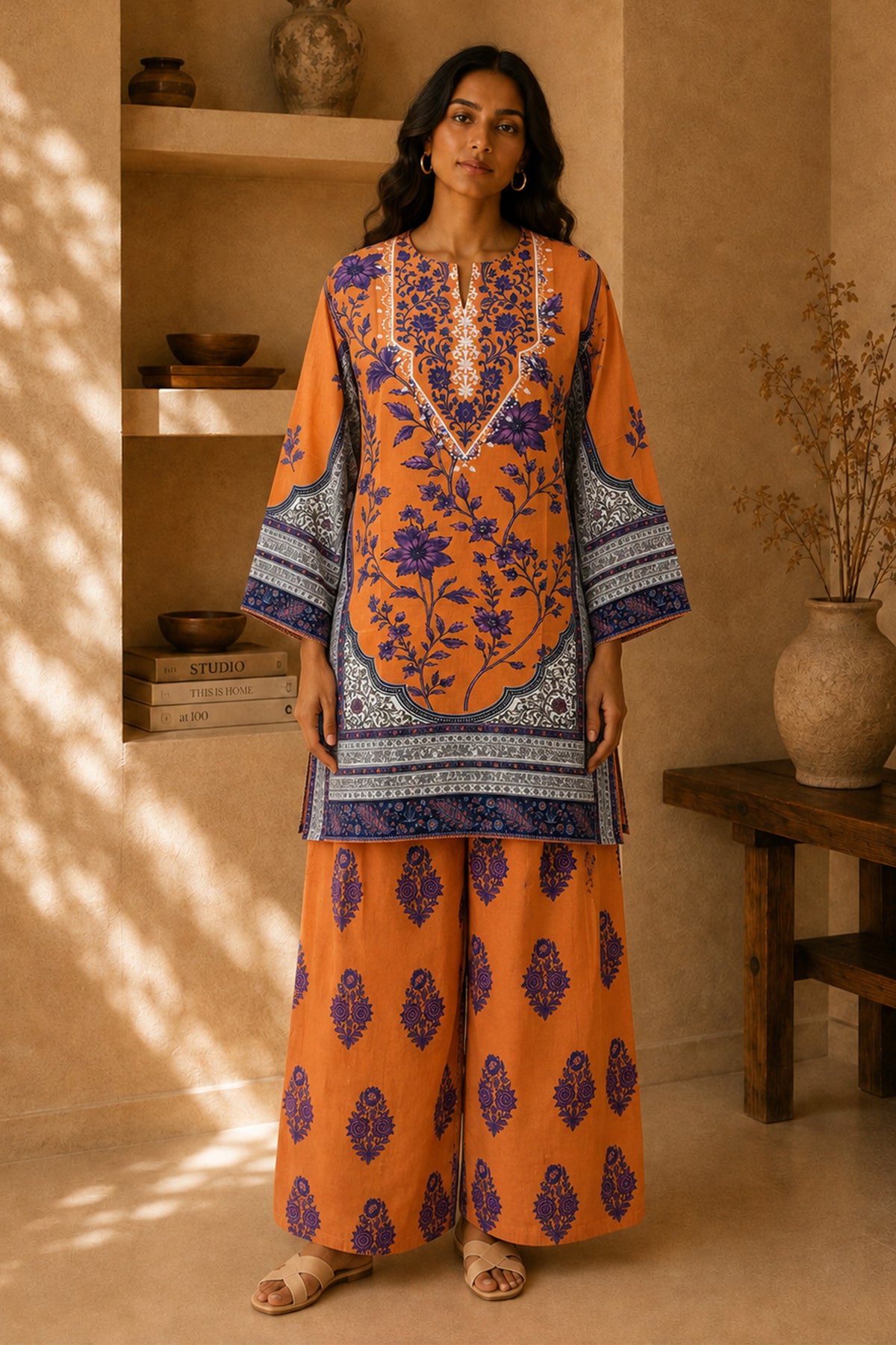 Lawn Cotton Printed Co-ord set - Apricot orange