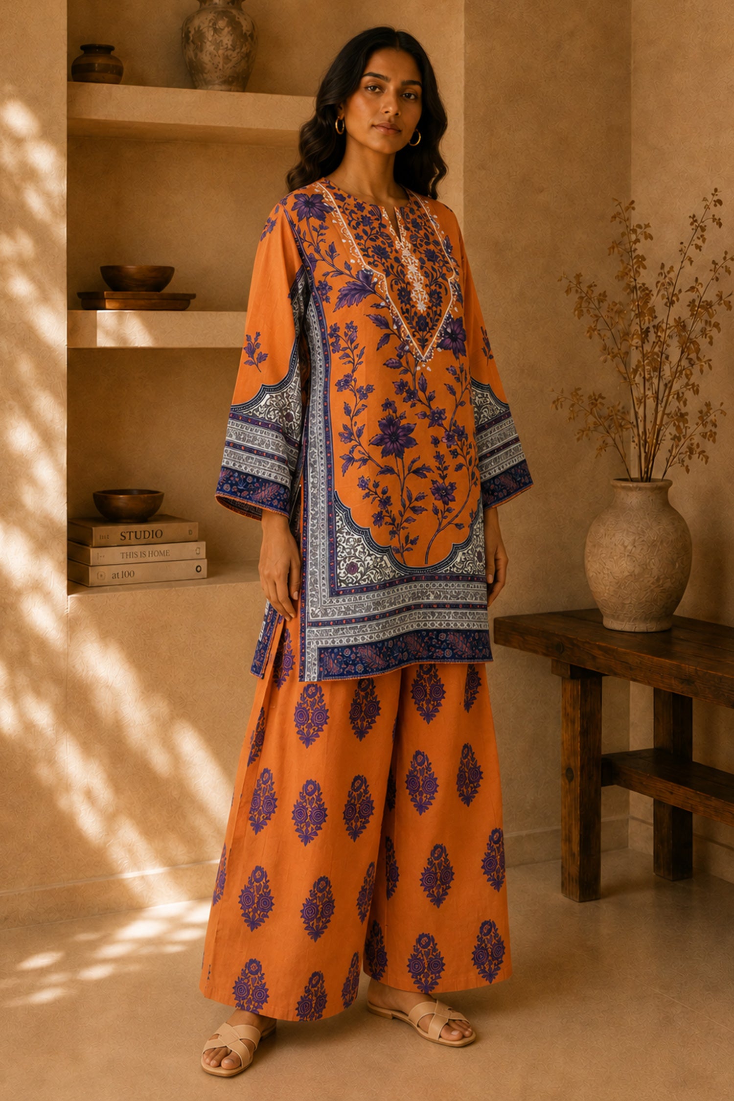 Lawn Cotton Printed Co-ord set - Apricot orange