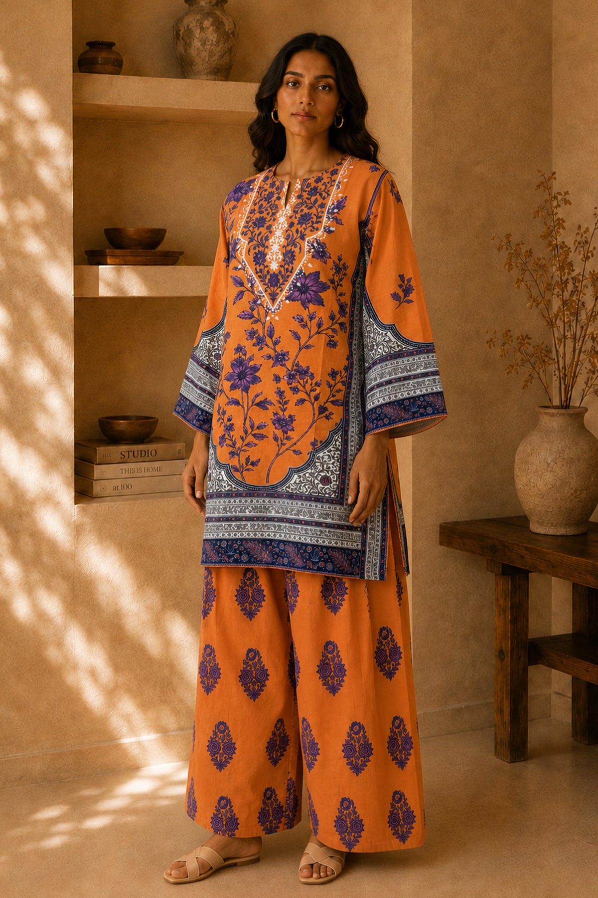 Lawn Cotton Printed Co-ord set - Apricot orange