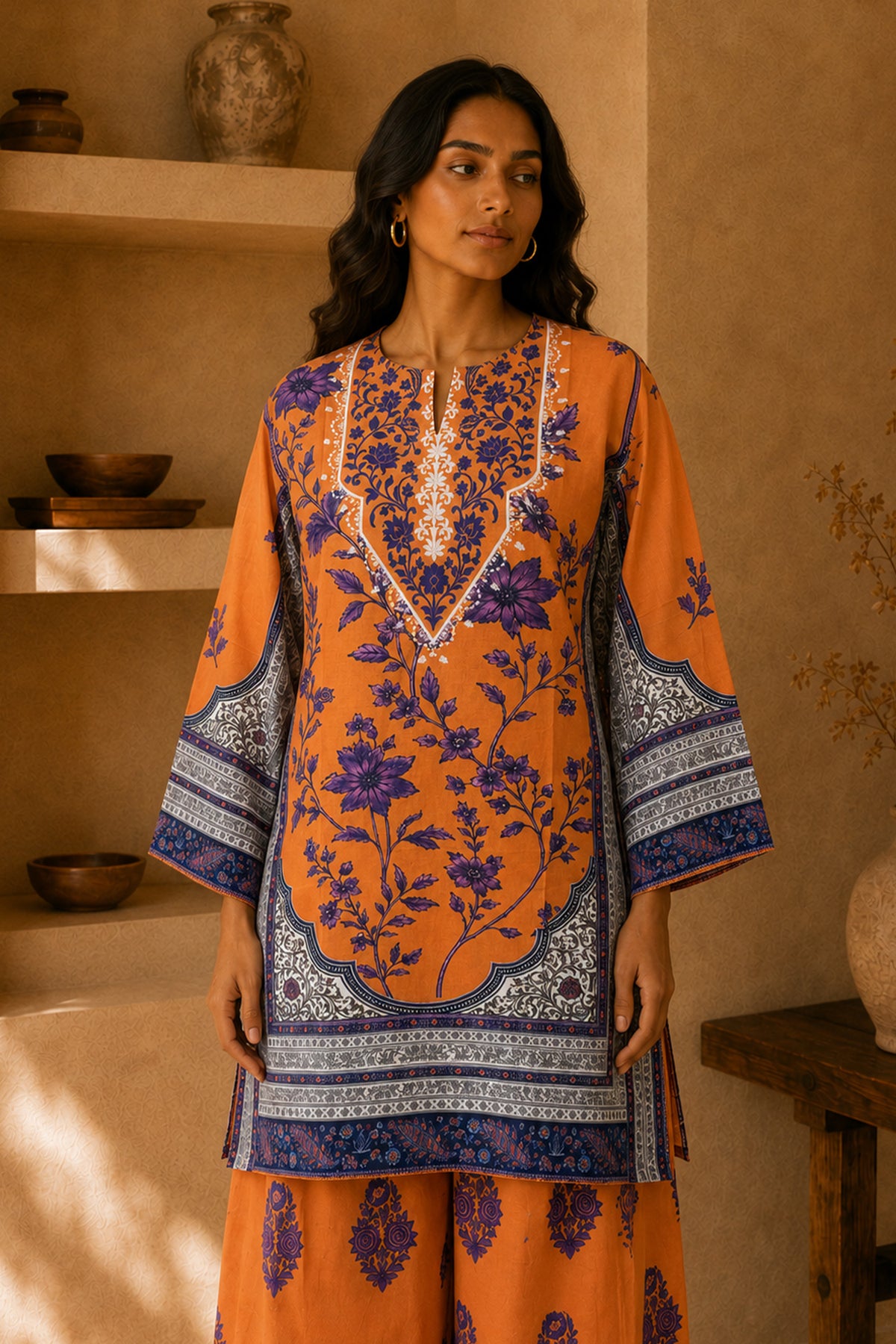 Lawn Cotton Printed Co-ord set - Apricot orange