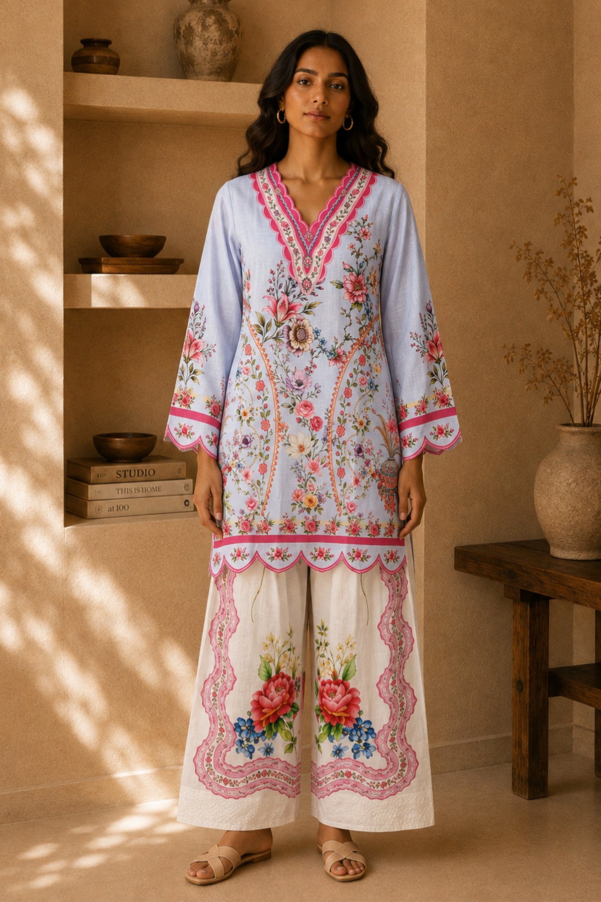 Lawn Cotton Printed Co-ord set - Light Blue and White
