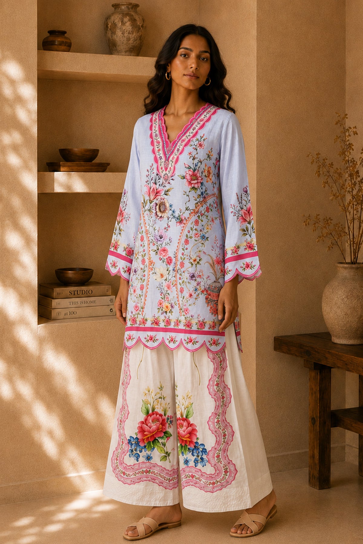 Lawn Cotton Printed Co-ord set - Light Blue and White