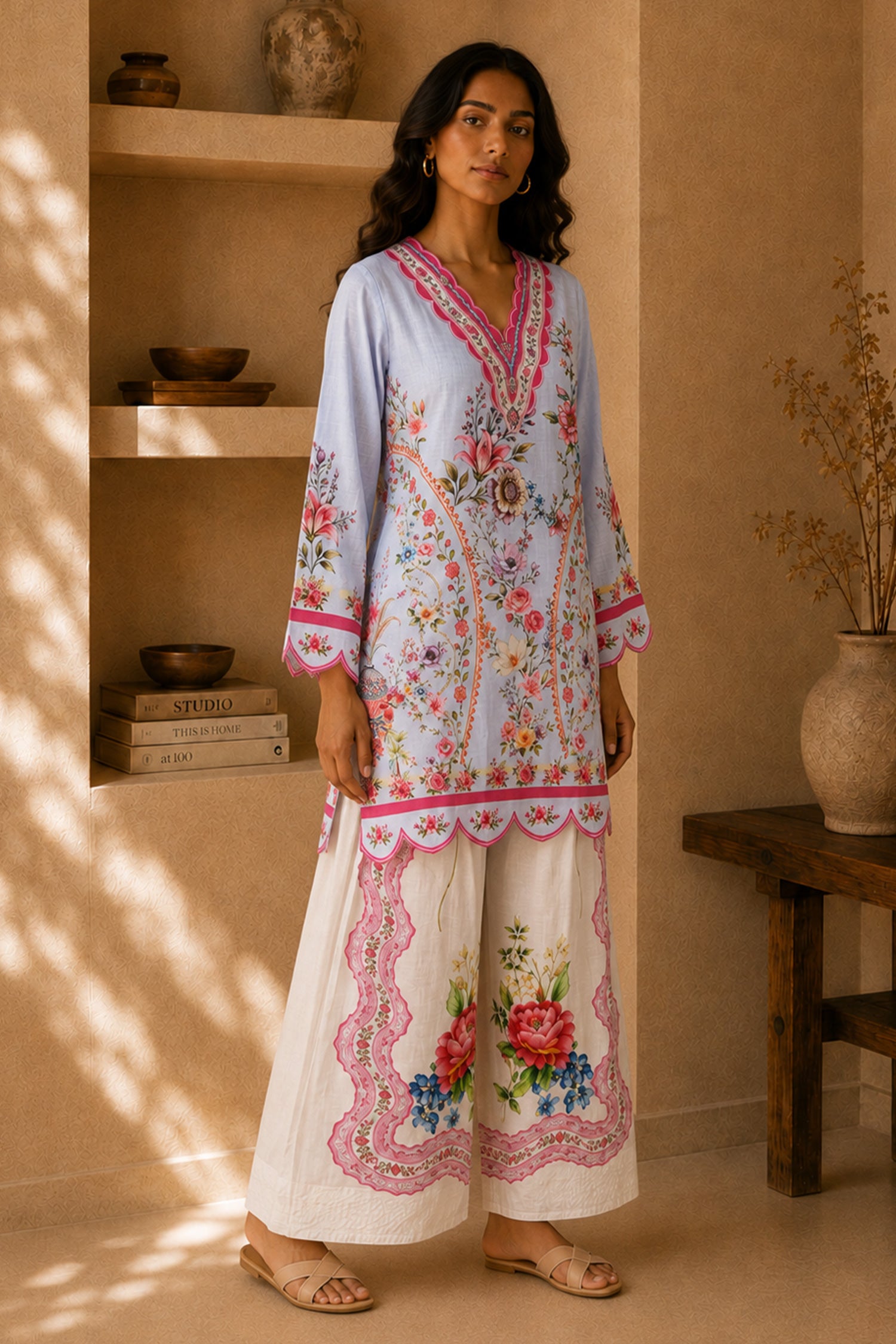 Lawn Cotton Printed Co-ord set - Light Blue and White