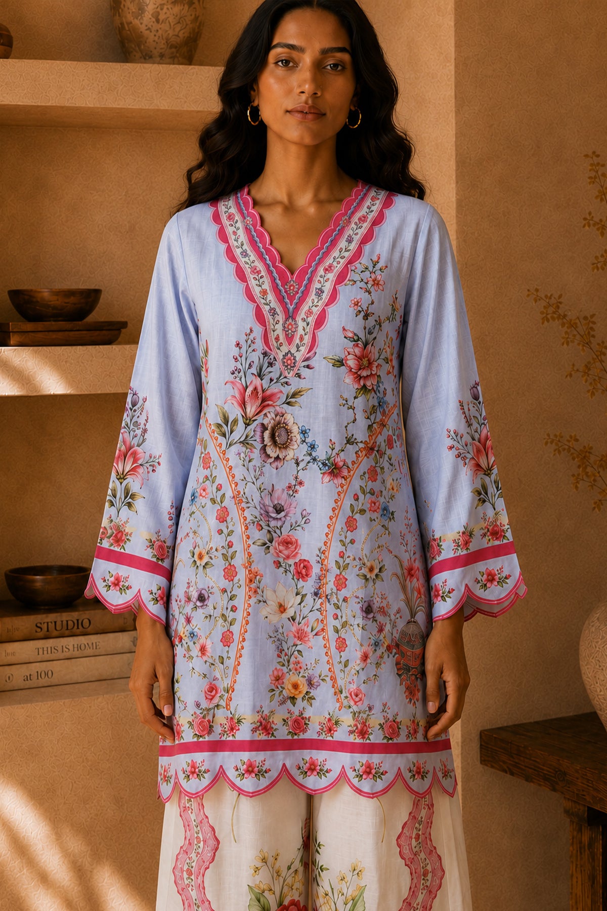 Lawn Cotton Printed Co-ord set - Light Blue and White