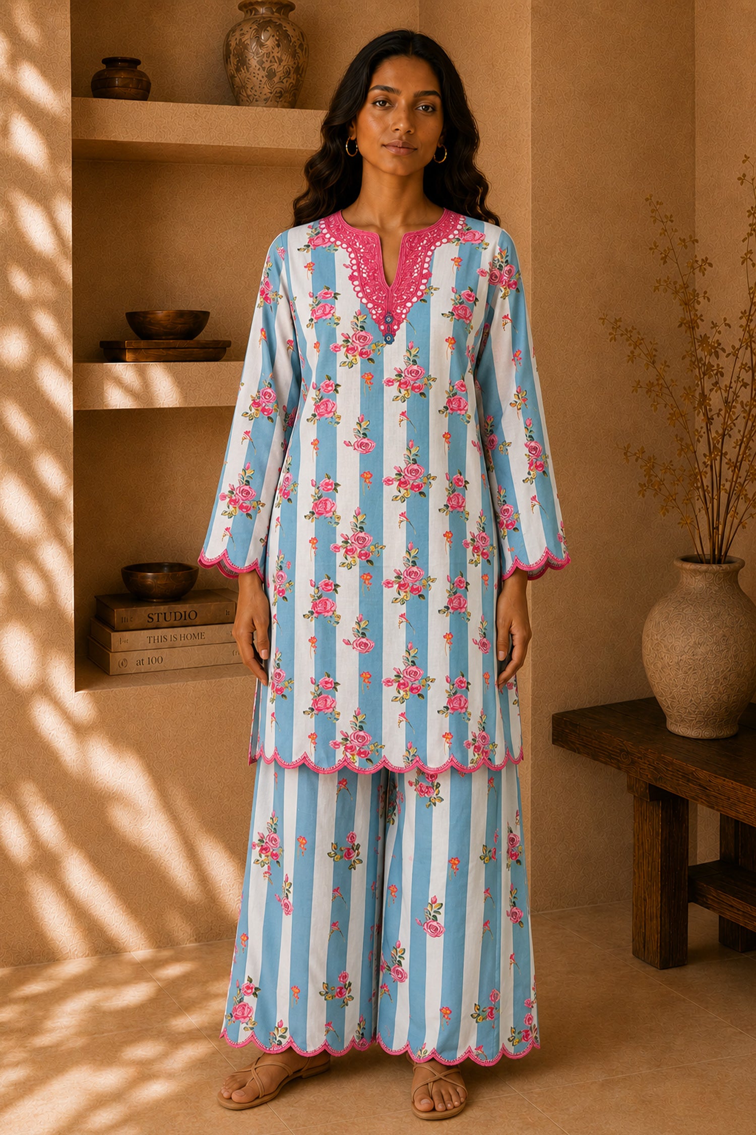 Lawn Cotton Printed Co-ord set - Blue and White