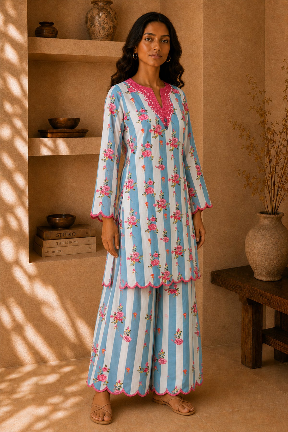 Lawn Cotton Printed Co-ord set - Blue and White
