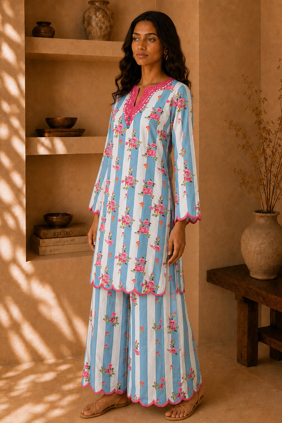 Lawn Cotton Printed Co-ord set - Blue and White