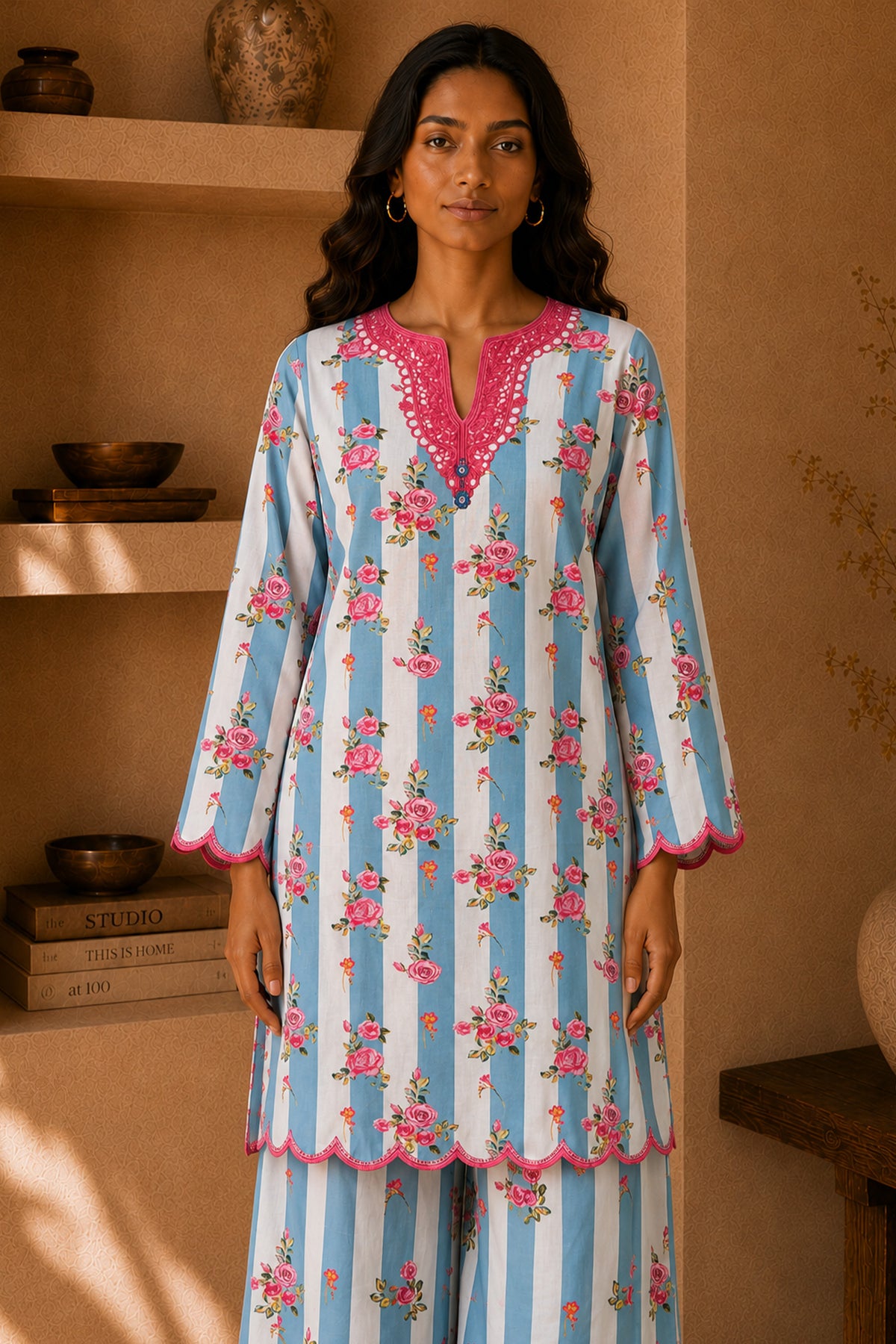 Lawn Cotton Printed Co-ord set - Blue and White