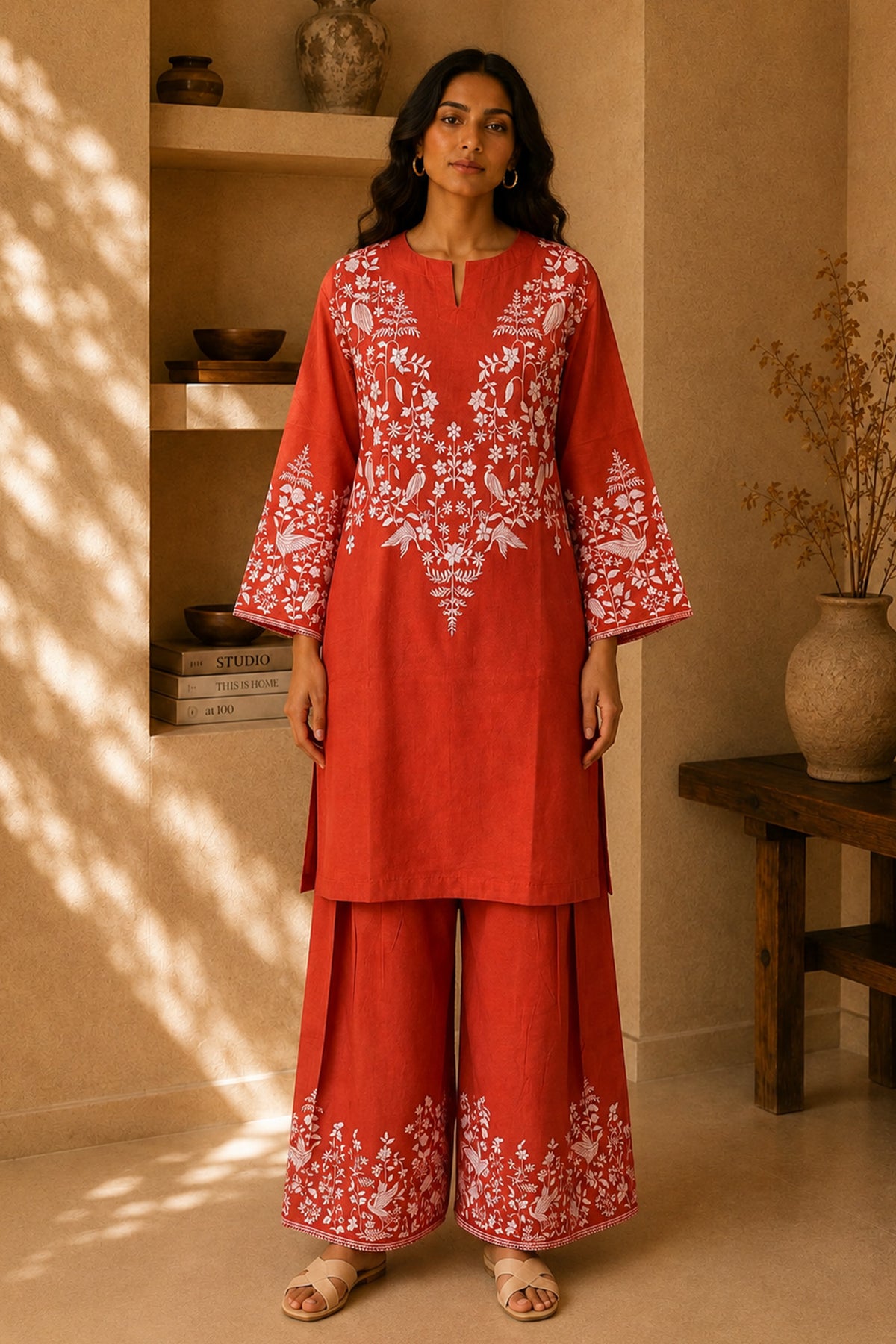 Orange Printed Lawn Cotton Co-ord Set with Farsi Pants