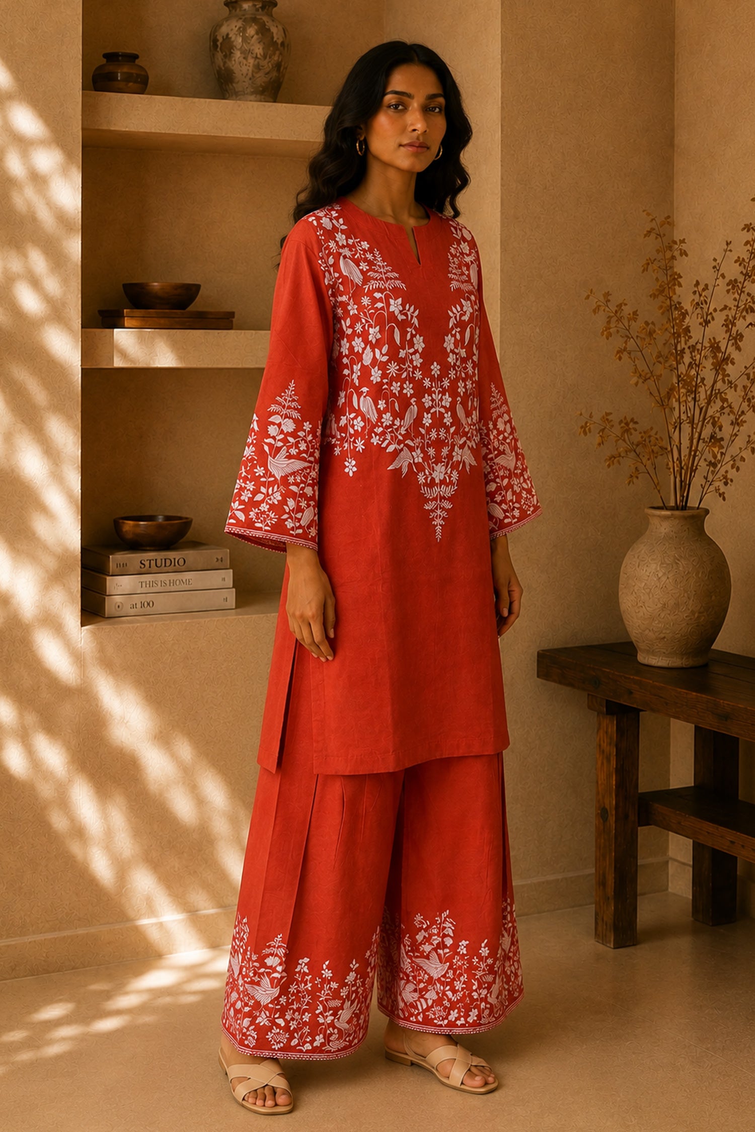 Orange Printed Lawn Cotton Co-ord Set with Farsi Pants