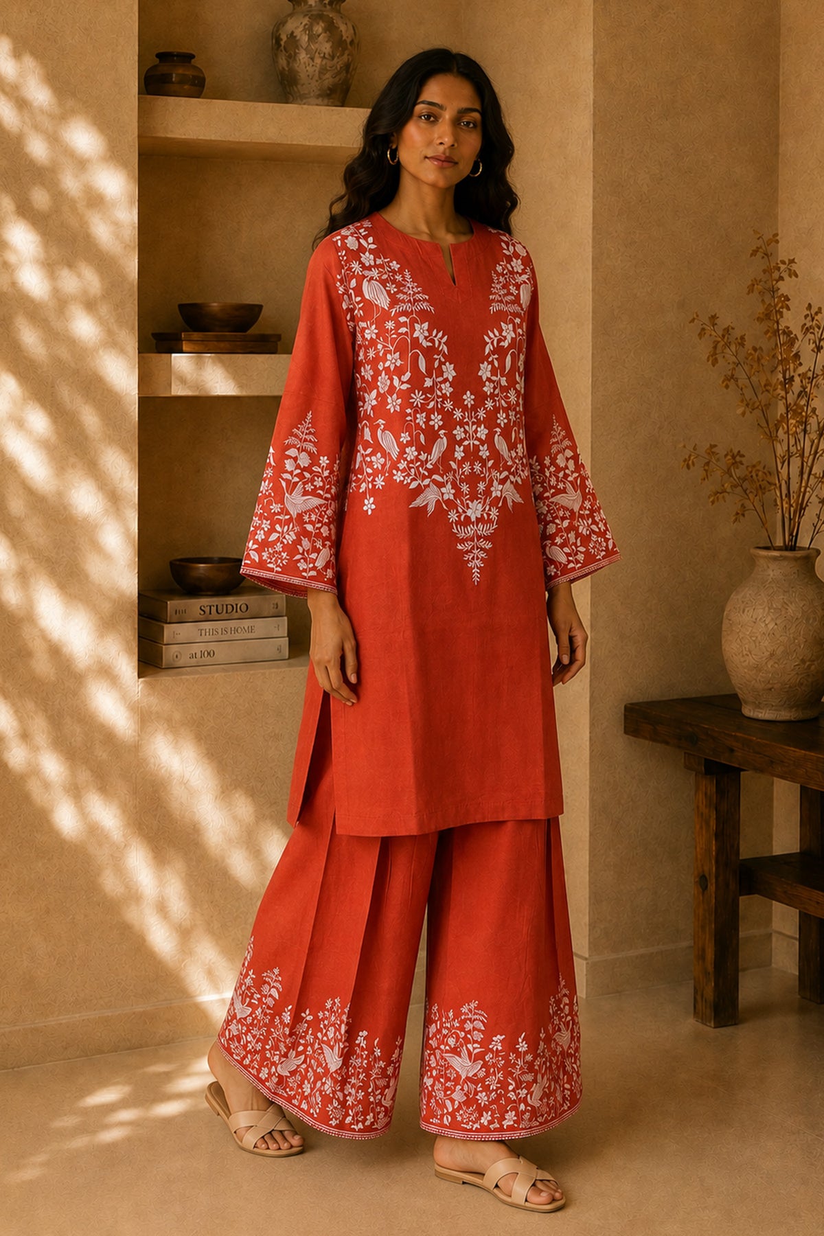Orange Printed Lawn Cotton Co-ord Set with Farsi Pants