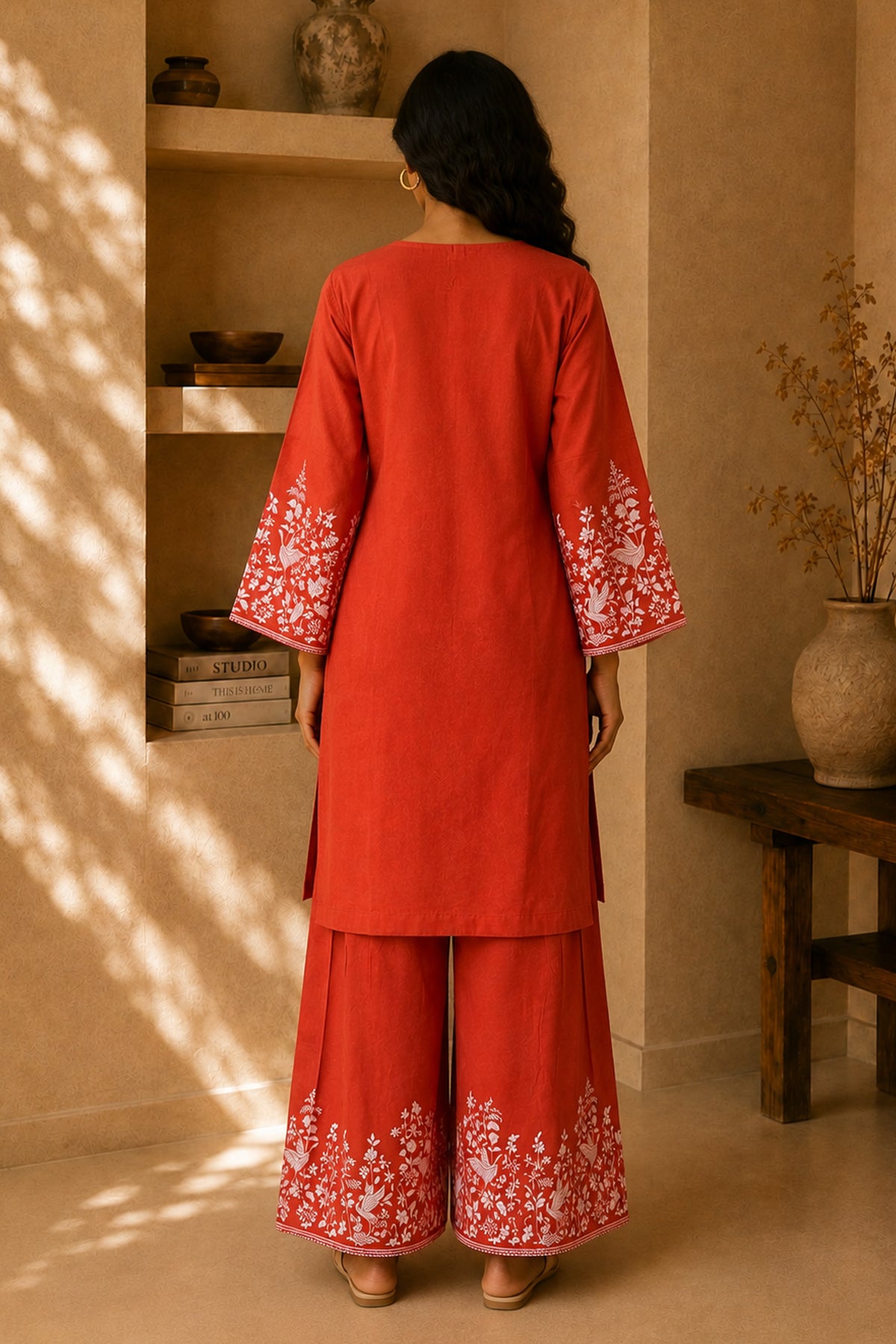 Orange Printed Lawn Cotton Co-ord Set with Farsi Pants
