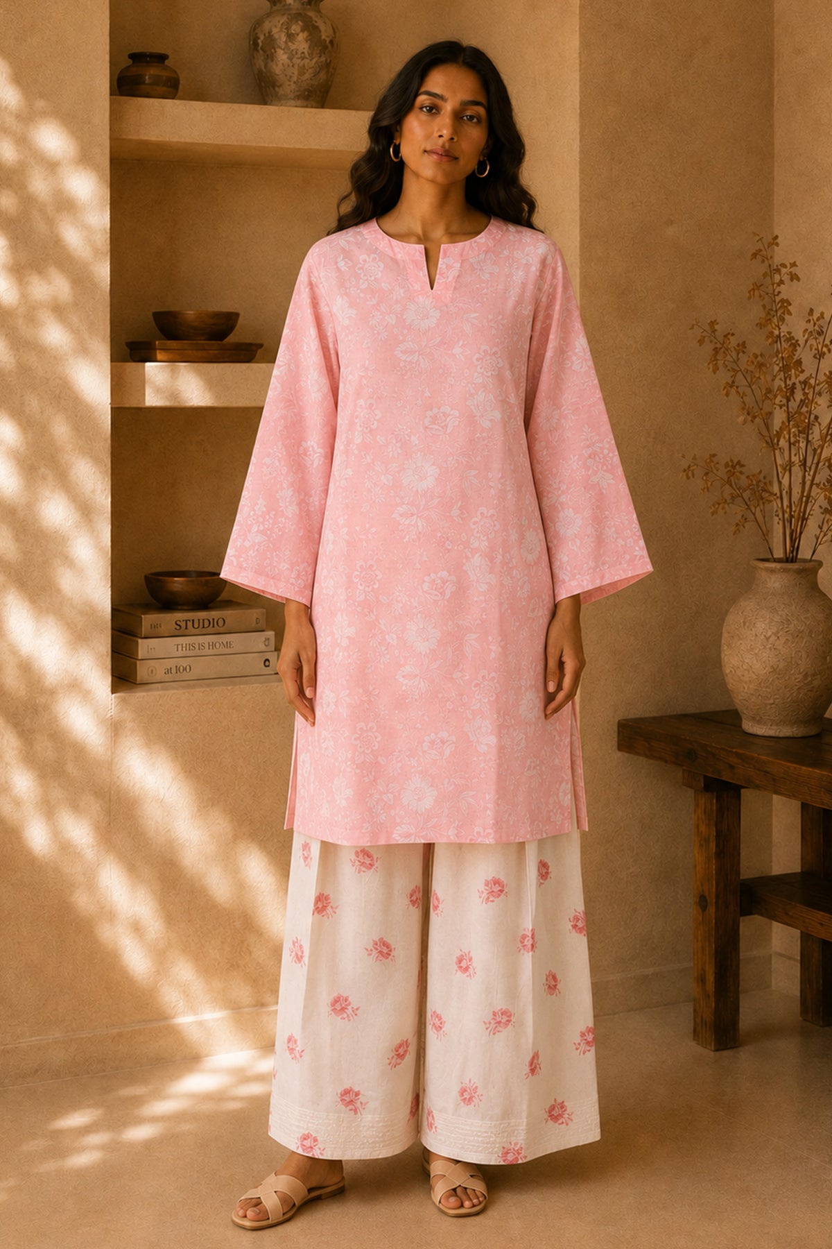 Pink Printed Lawn Cotton Co-ord Set with Farsi Pants