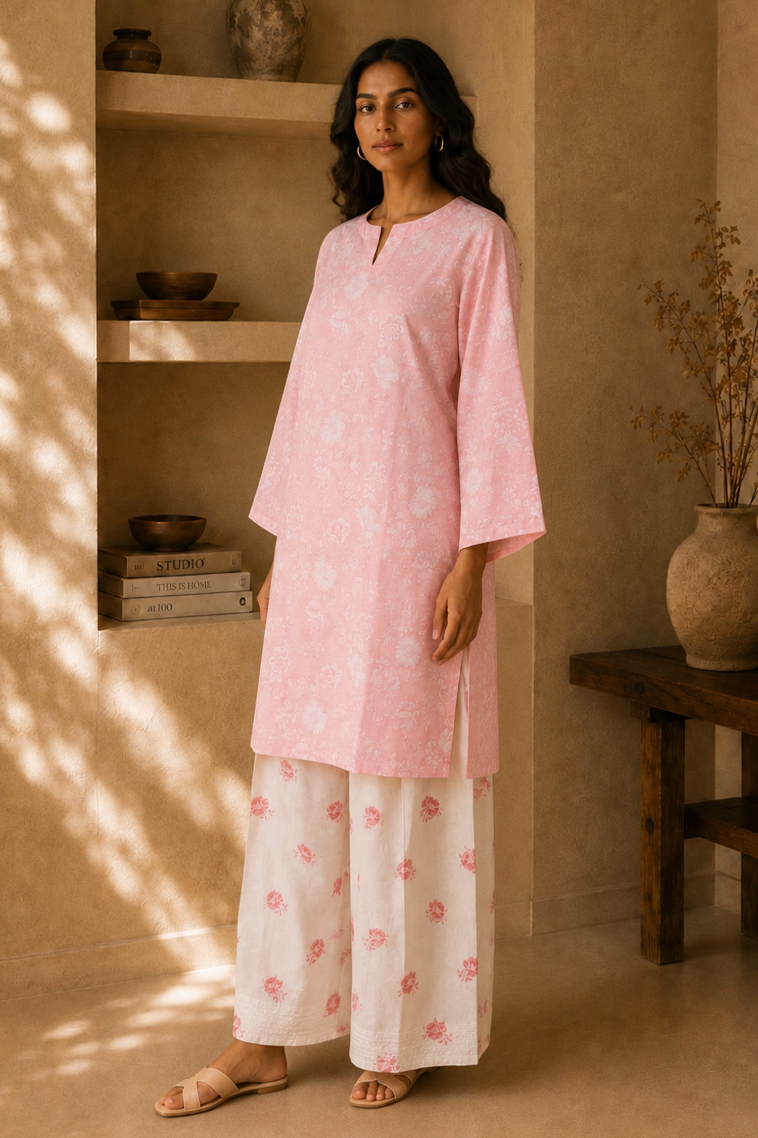Pink Printed Lawn Cotton Co-ord Set with Farsi Pants