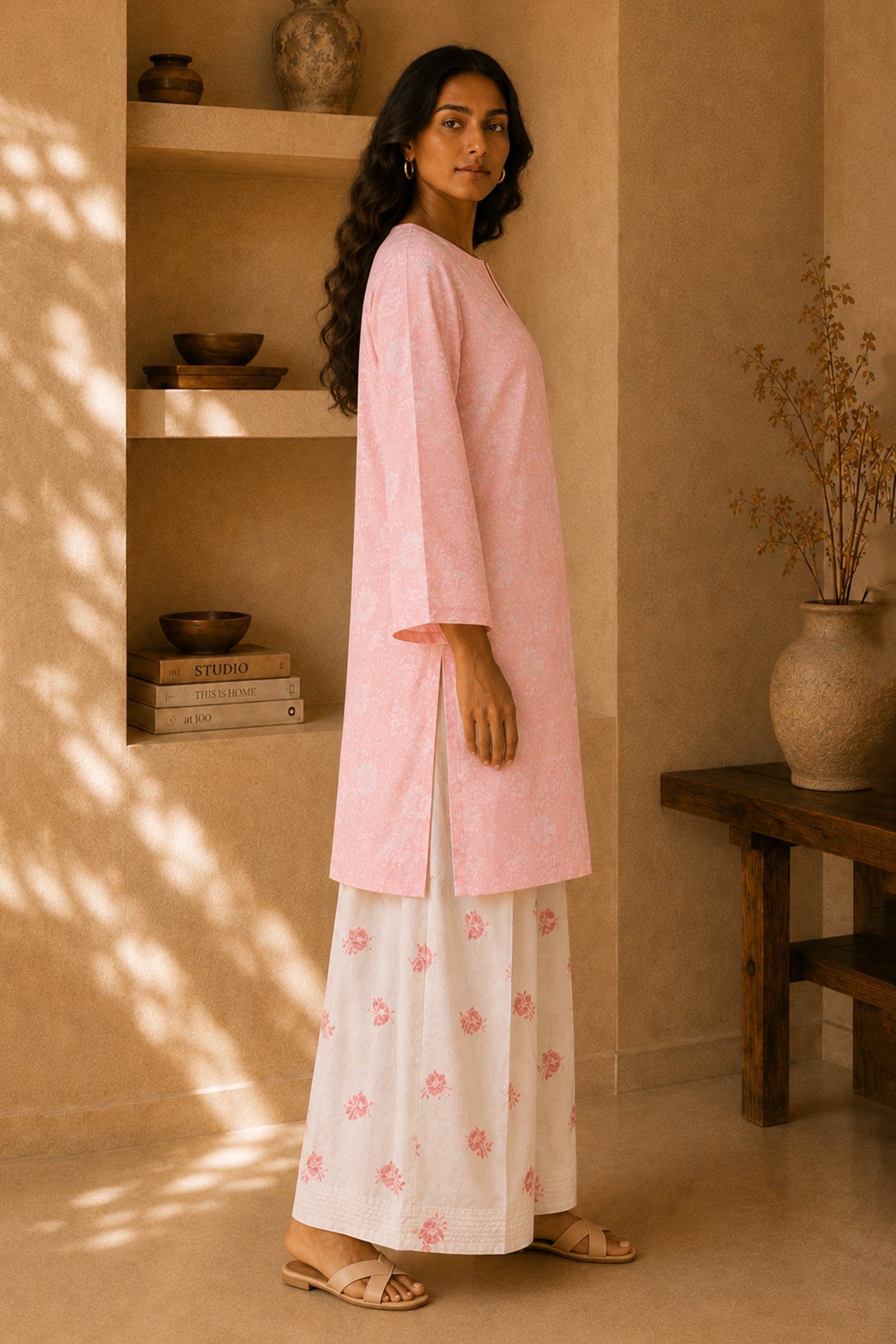Pink Printed Lawn Cotton Co-ord Set with Farsi Pants
