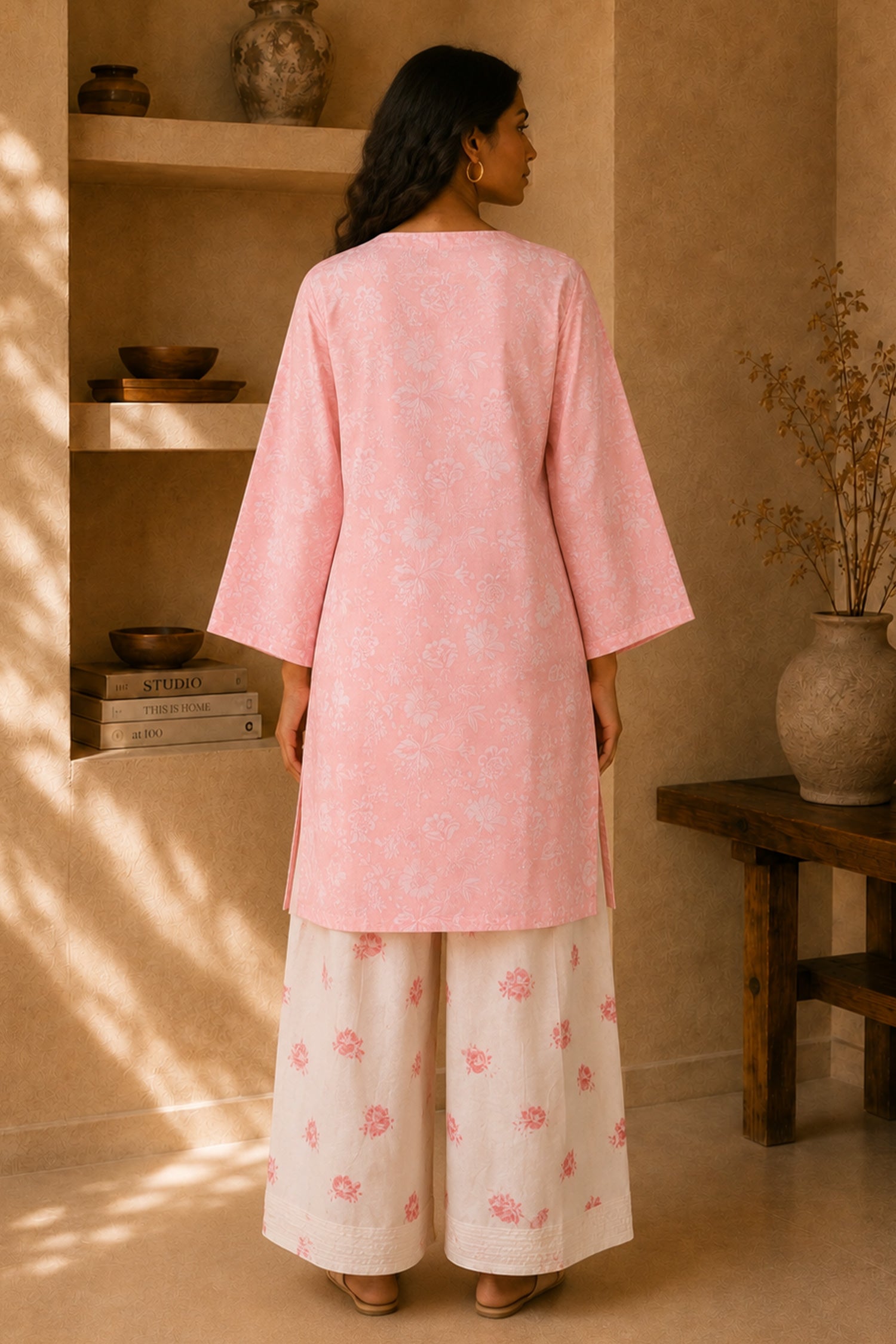 Pink Printed Lawn Cotton Co-ord Set with Farsi Pants
