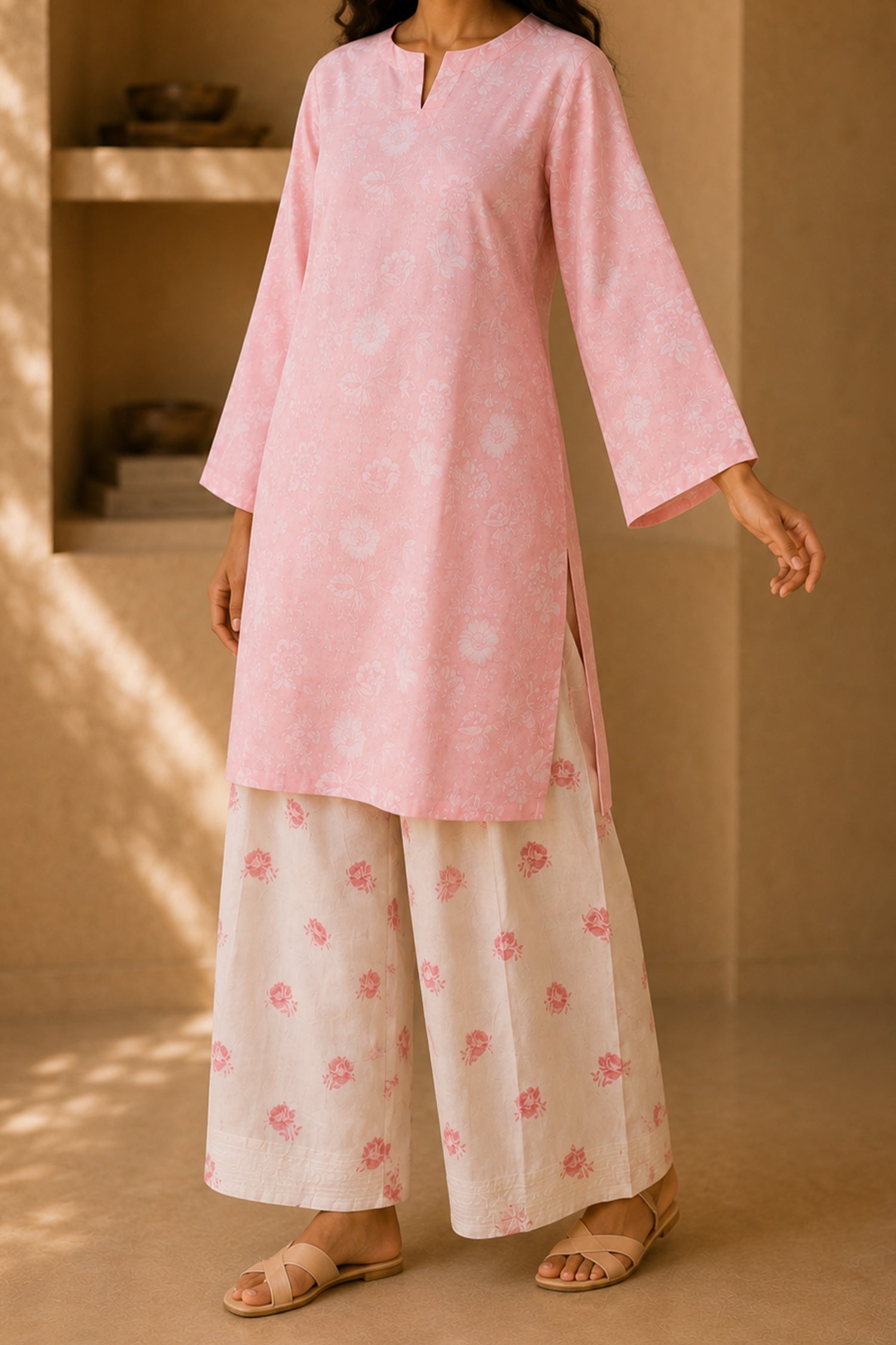 Pink Printed Lawn Cotton Co-ord Set with Farsi Pants