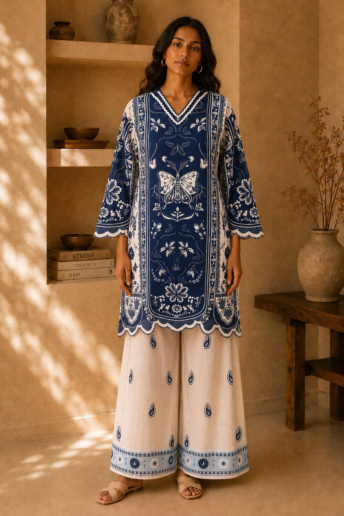 Lawn Cotton Printed Co-ord set - White with blue