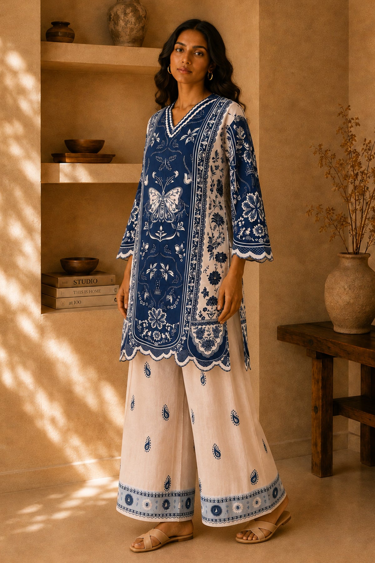 Lawn Cotton Printed Co-ord set - White with blue
