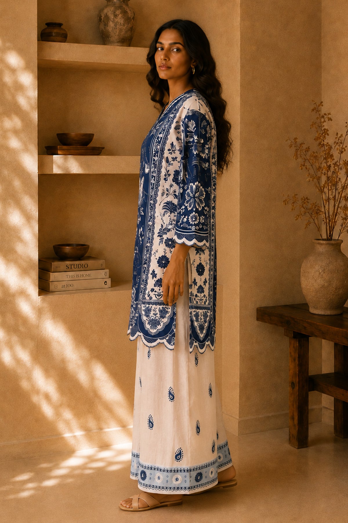 Lawn Cotton Printed Co-ord set - White with blue