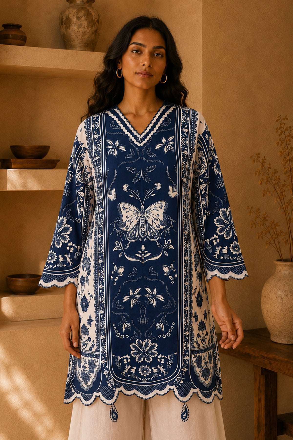 Lawn Cotton Printed Co-ord set - White with blue