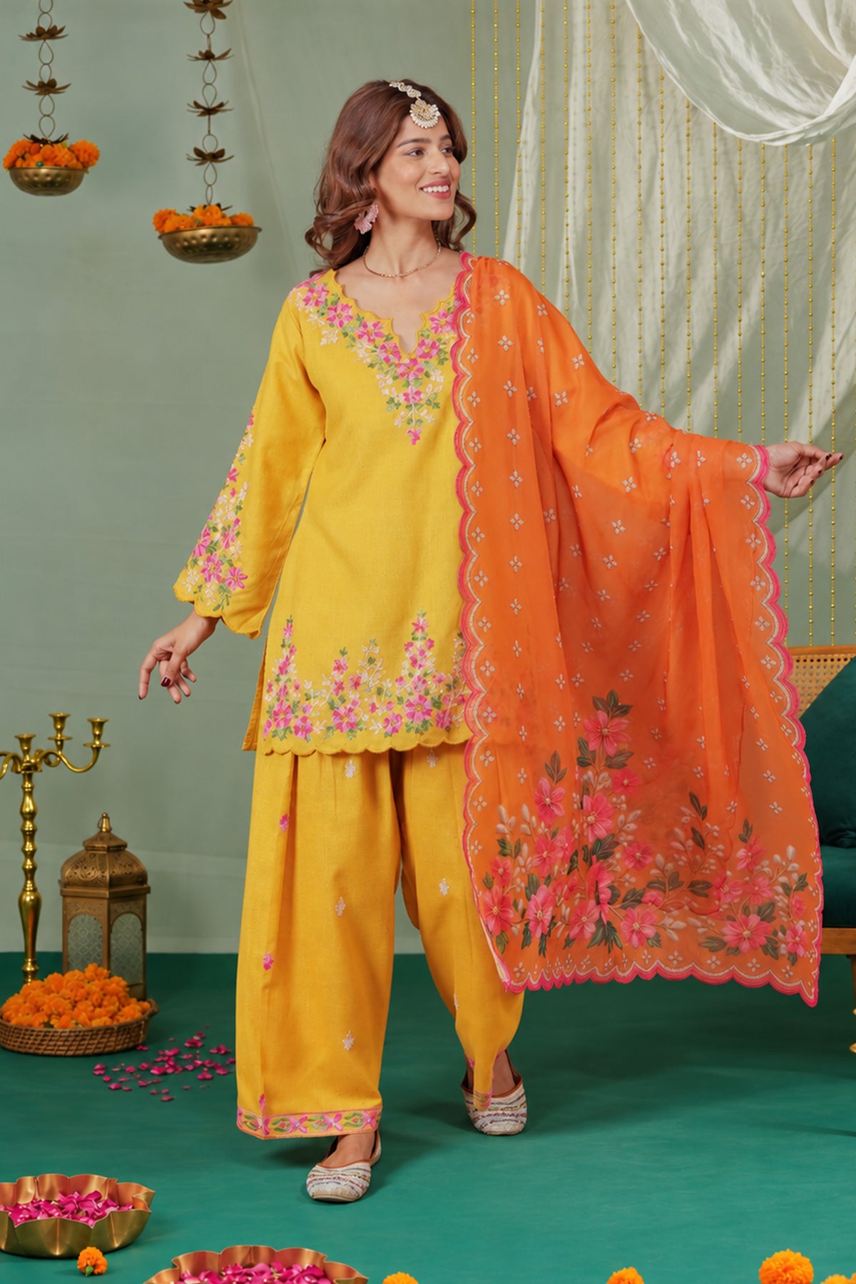 Kashmiri Aari Laser-Cut Ruby Cotton Farsi Kurta Set in Mustard Yellow