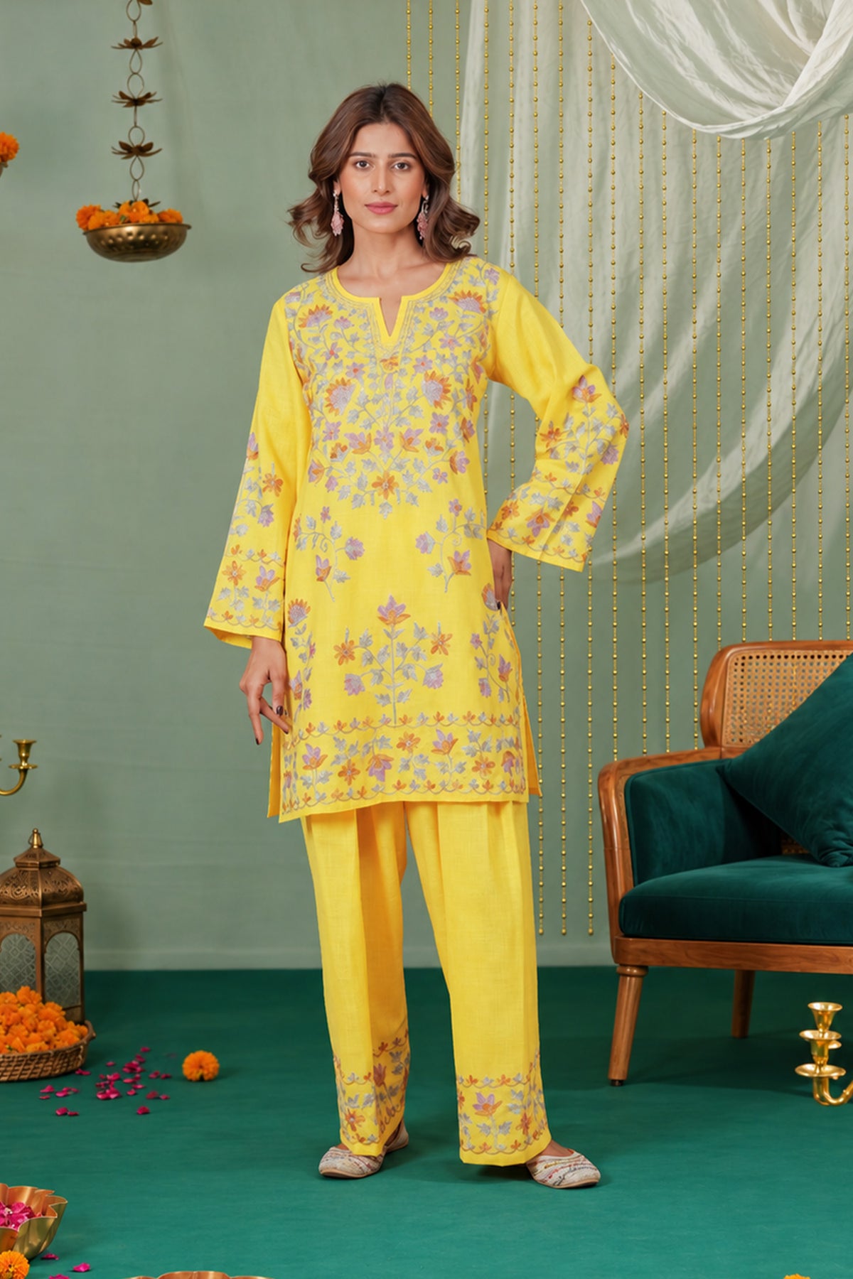 Kashmiri Aari Ruby Cotton Farsi Kurta Set in Bright Yellow