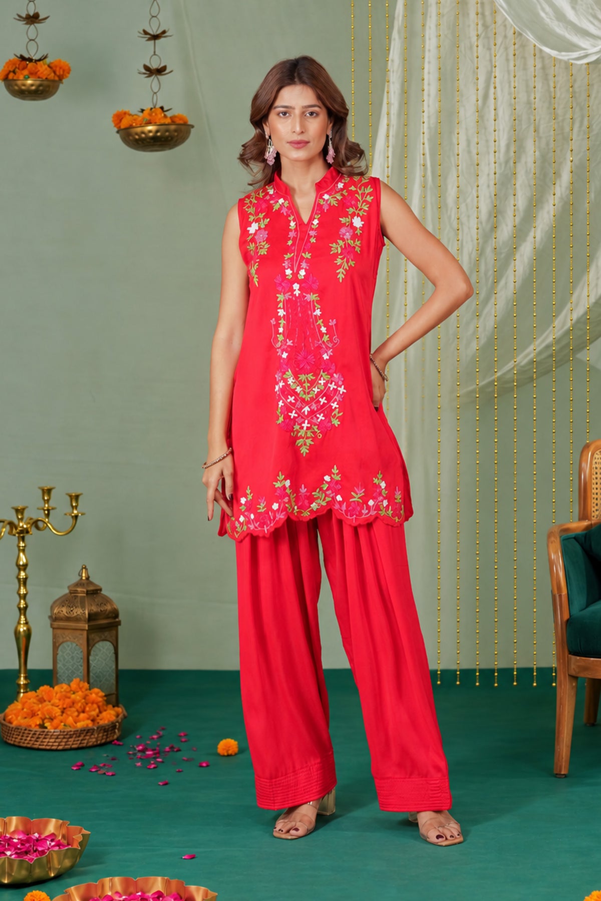 Printed Organza Dupatta in Bright Red