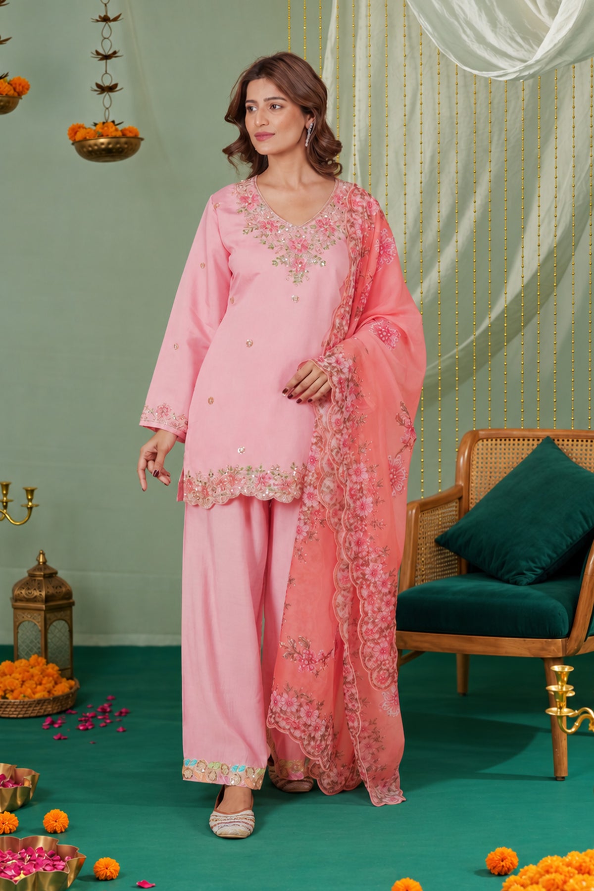 Printed Organza Dupatta in Pastel Pink
